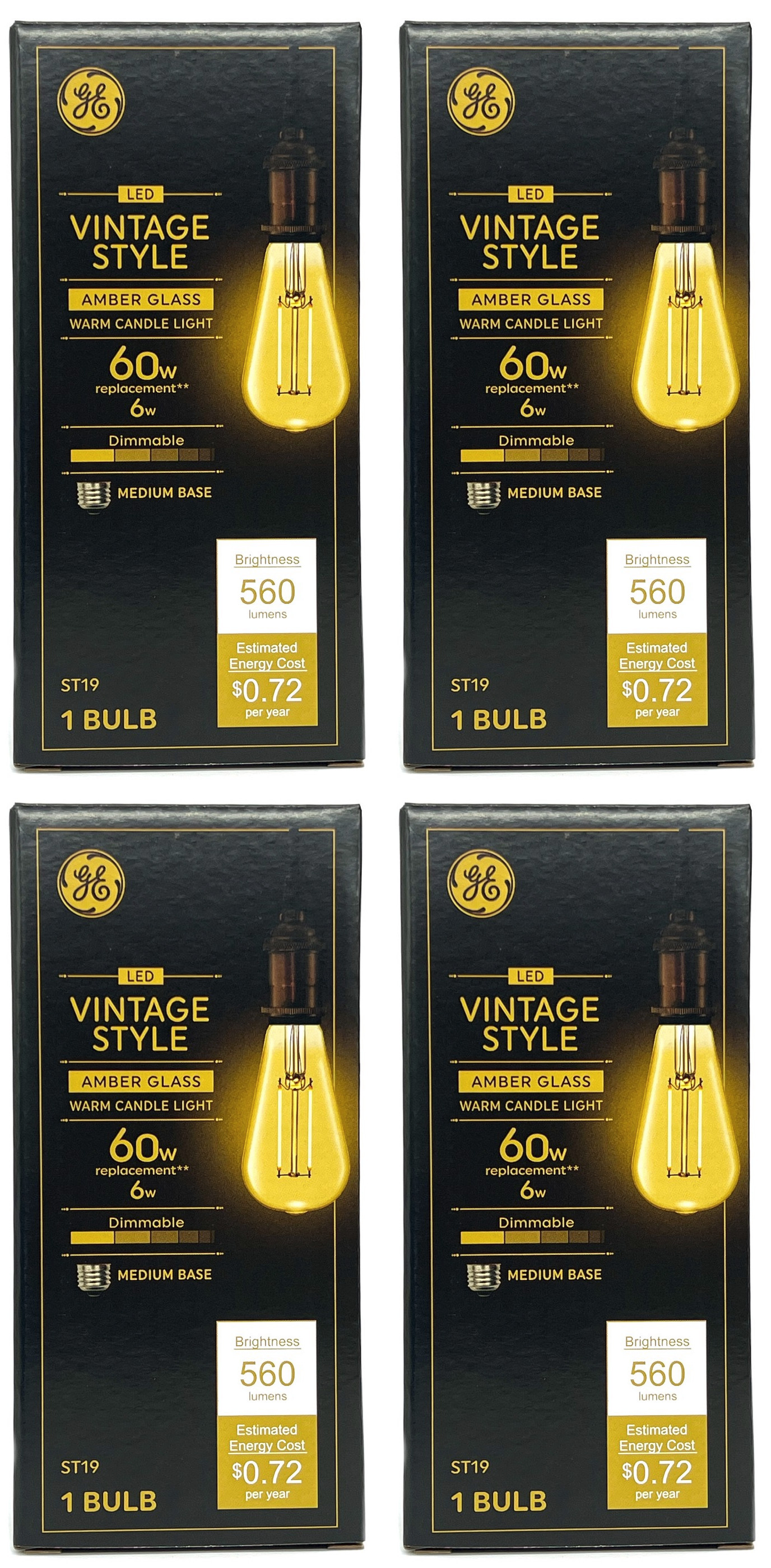 (4 bulbs) GE Vintage LED ST19, Amber Glass, 6 watts, 560 lumens, Dimmable, Medium base, Vintage Style LED Light Bulb