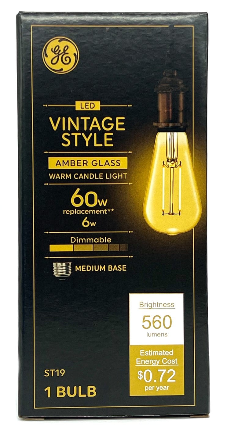 (1 bulb) GE Vintage LED ST19, Amber Glass, 6 watts, 560 lumens, Dimmable, Medium base, Vintage Style LED Light Bulb