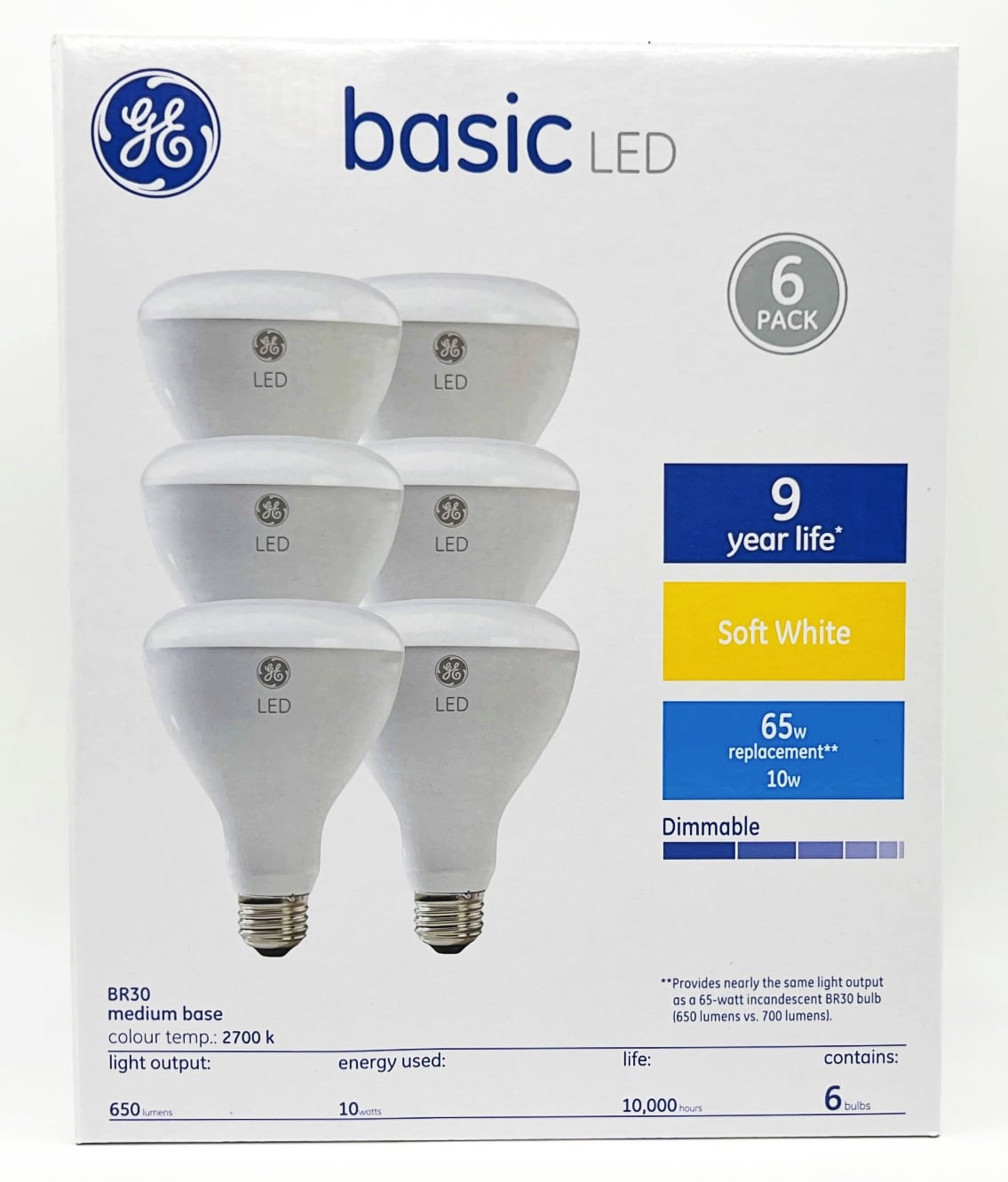 (6 bulbs) GE LED BR30, 10 watt, 650 lumen, soft white 2700K, Dimmable, medium base