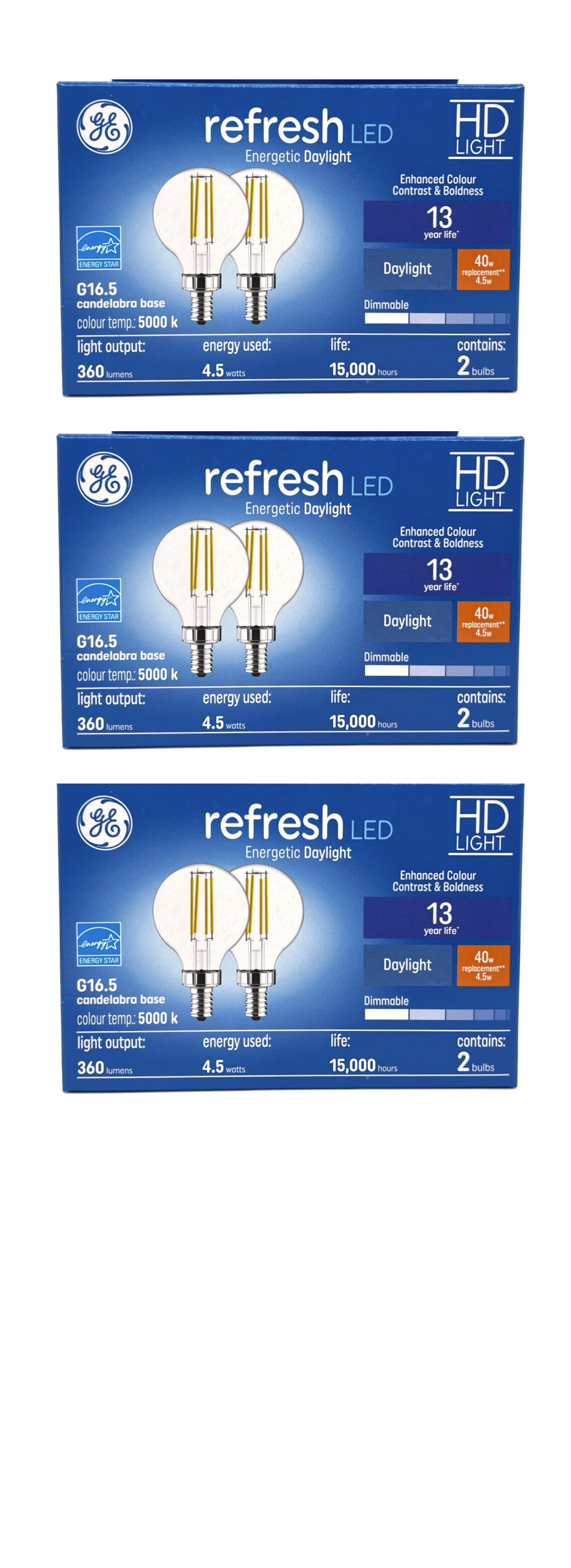 (6 bulbs) GE refresh LED G16.5, Candelabra Base, 4.5 watt, 360 lumen, Dimmable, Daylight, Clear, HD Light Enhanced Color, LED Light Bulb