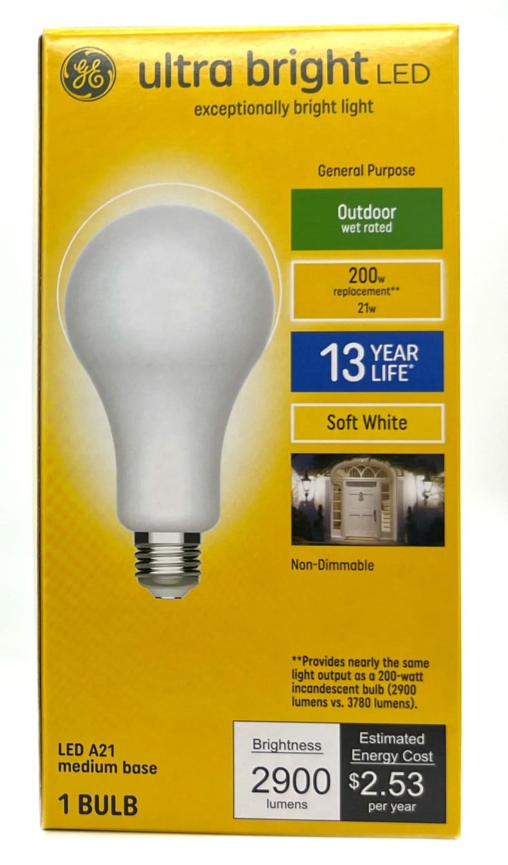 GE ultra bright LED A21, 21 watt, 2900 lumens, Soft White, Outdoor, Non-Dimmable LED ultrabright Light bulb