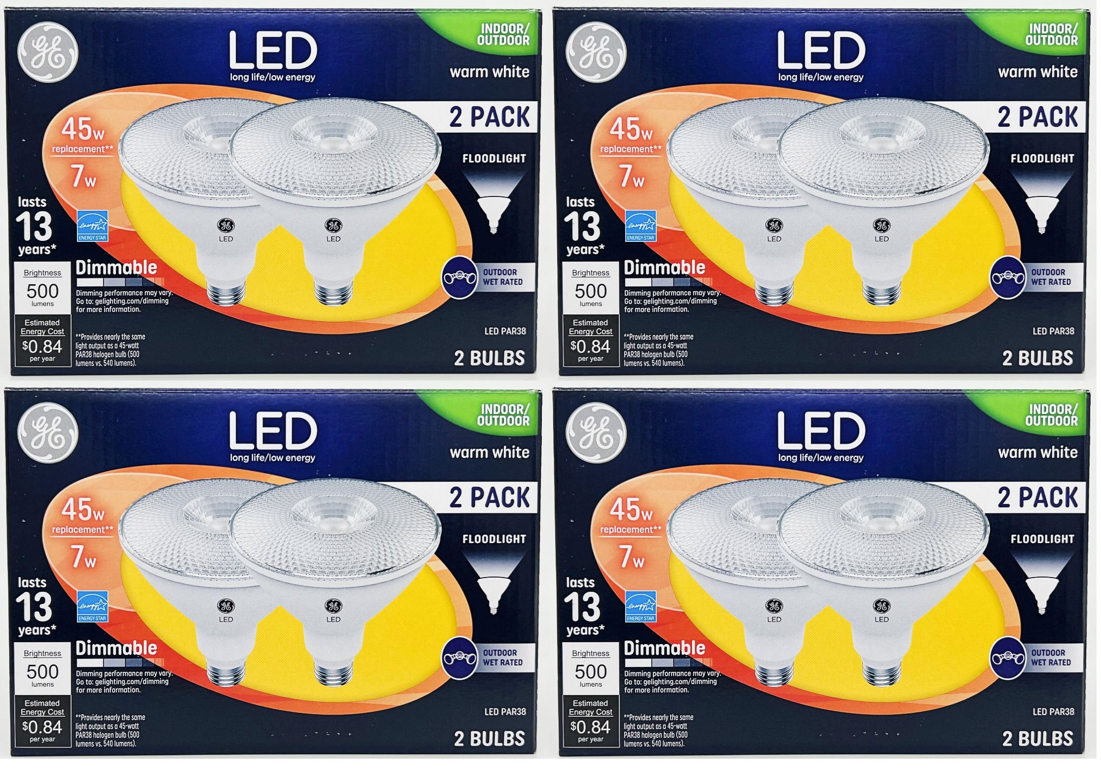 (8 bulbs) GE Lighting LED PAR38 Indoor/Outdoor FloodLight, 7 watt, 500 lumens, Dimmable, 3000K warm white, medium base