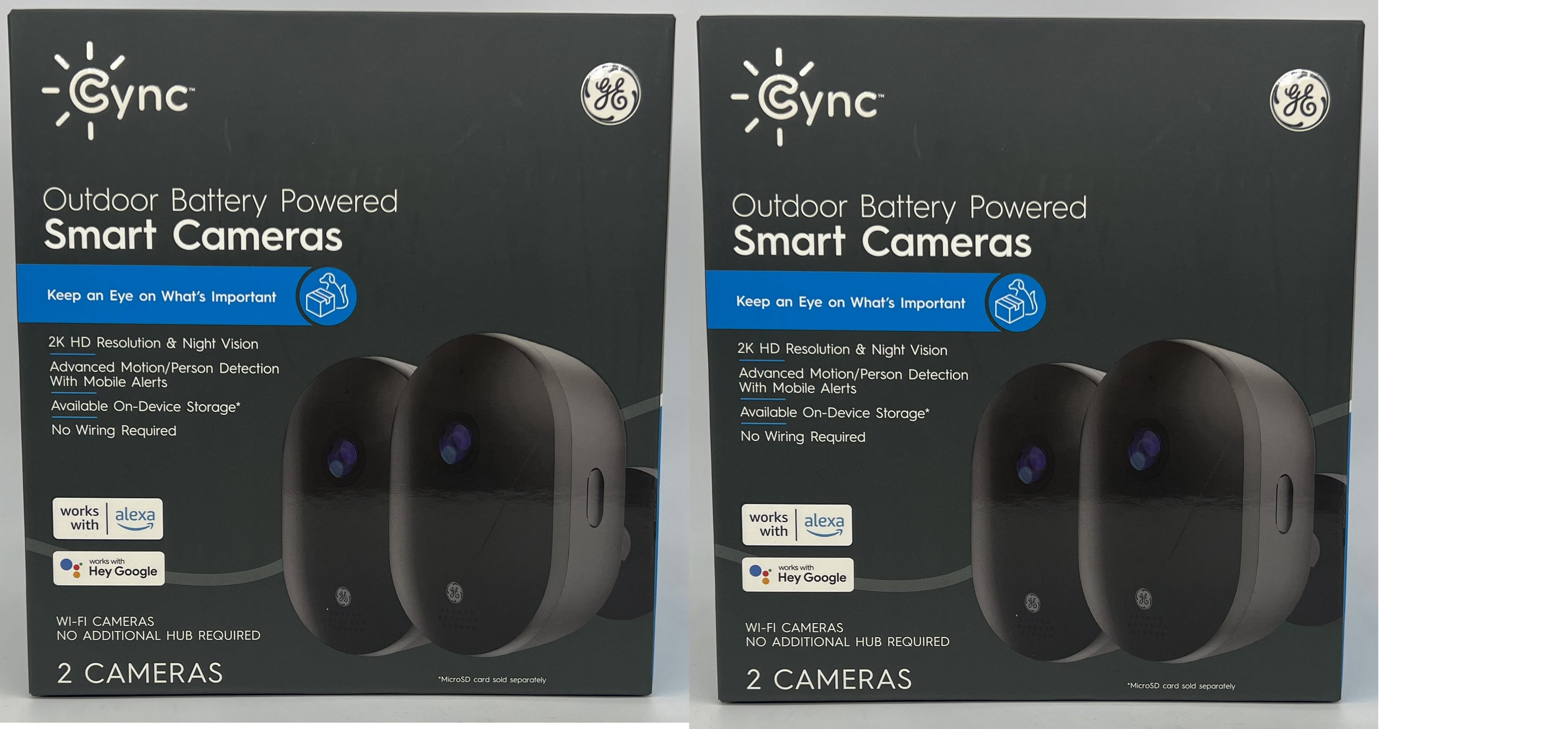 (4 cameras) GE Cync Outdoor Battery Powered Smart Wi-Fi Camera, 2K HD Resolution & Night Vision, Motion/person detection with mobile alerts, Wireless, works with Alexa and Hey Google