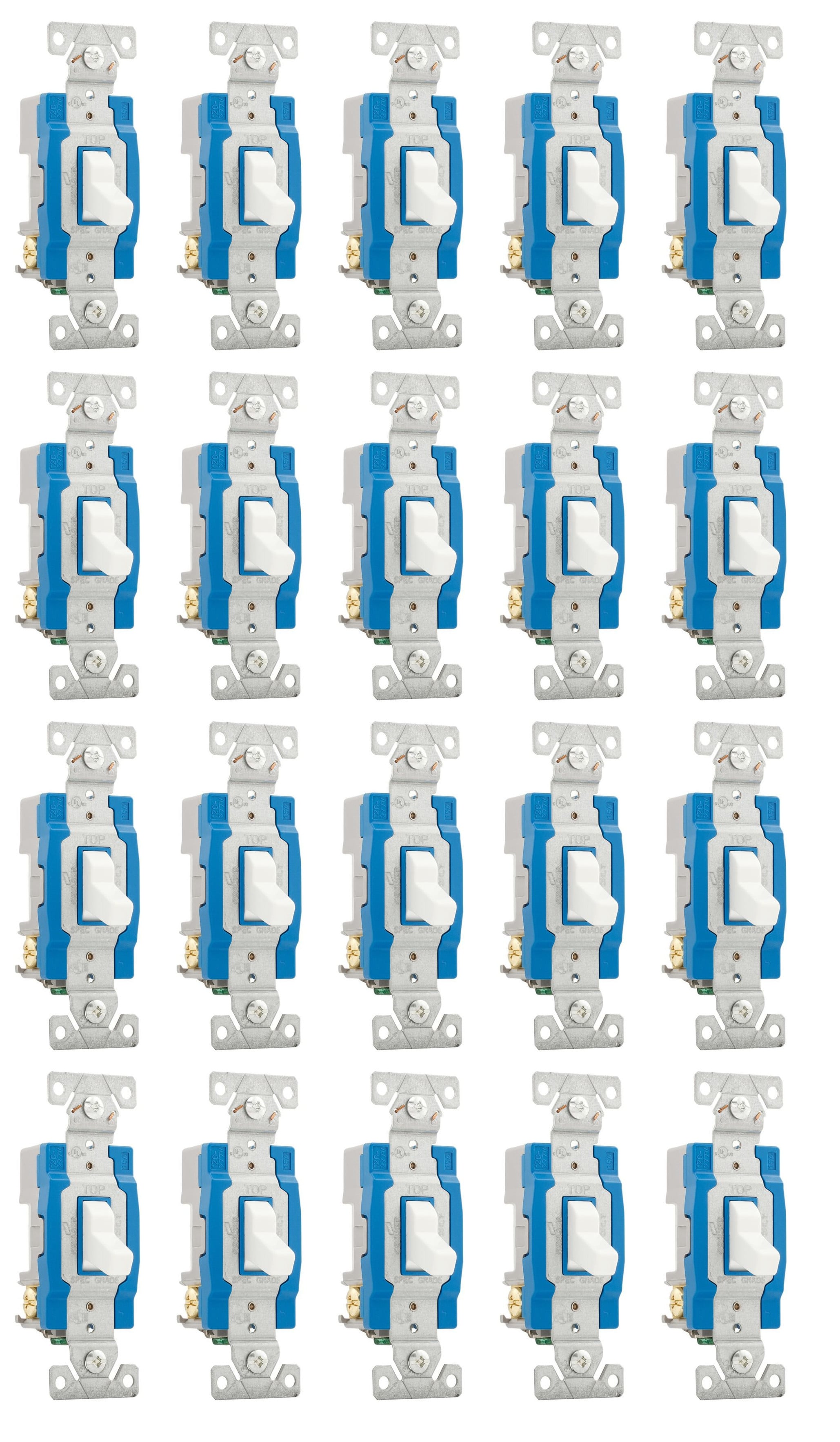 (case of 20) Eaton construction grade toggle switch, #14-10 AWG, 15A, Wall, 120/277V, Back and side, Screw, White, Three-Way, Polycarbonate