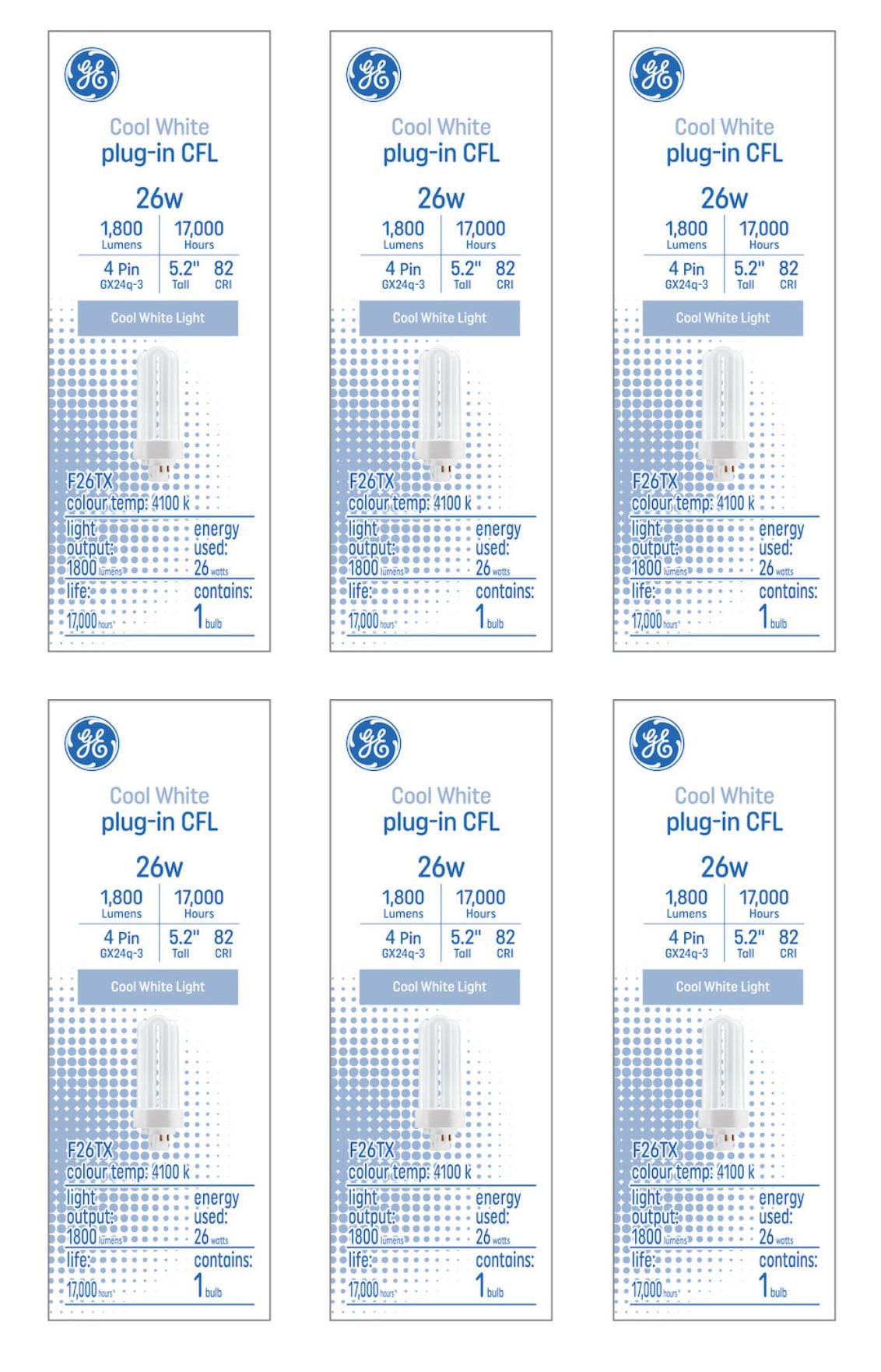 (12 bulbs) GE Cool White 26 watt Plug-in CFL GX24q-3 Base, 5.2 inch F26TX, 4100K Cool White, 1800 lumen, Compact Fluorescent Light Bulb