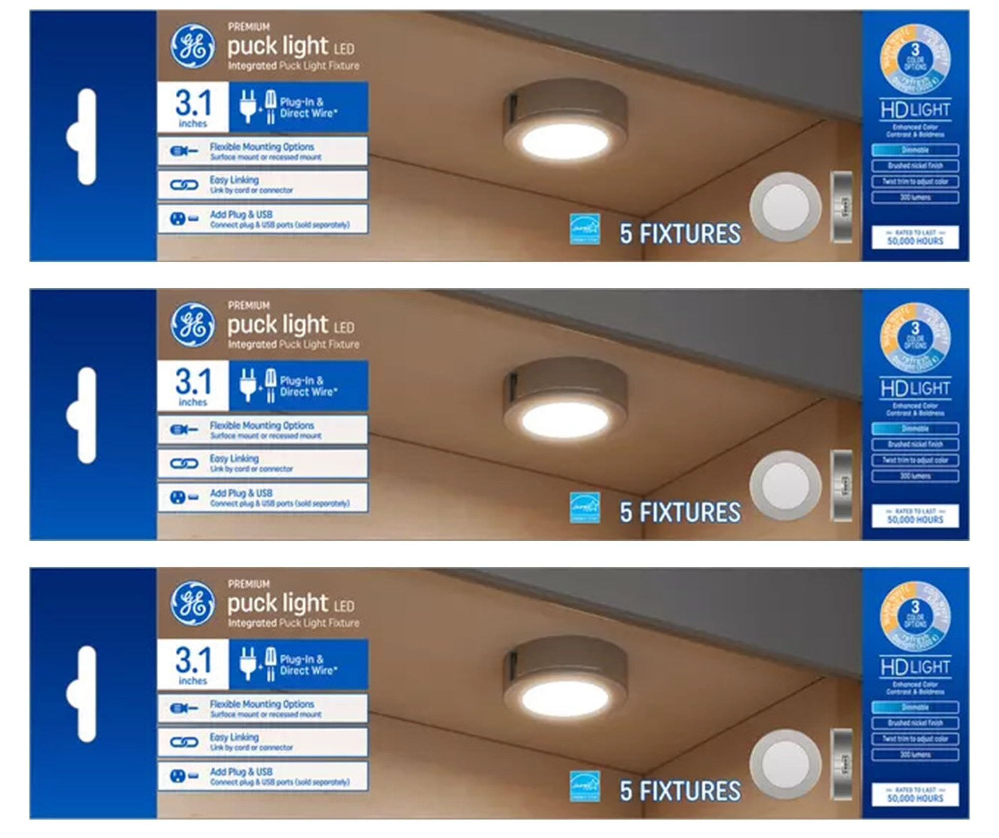 (case of 15 total pucks) GE 4 Watt Dimmable Modern Easy Linking Corded Electric ‎Ceiling Mount Plastic 5,0000 Hour 3.1 Inch Diameter LED Puck Lights, Set of 5, Silver