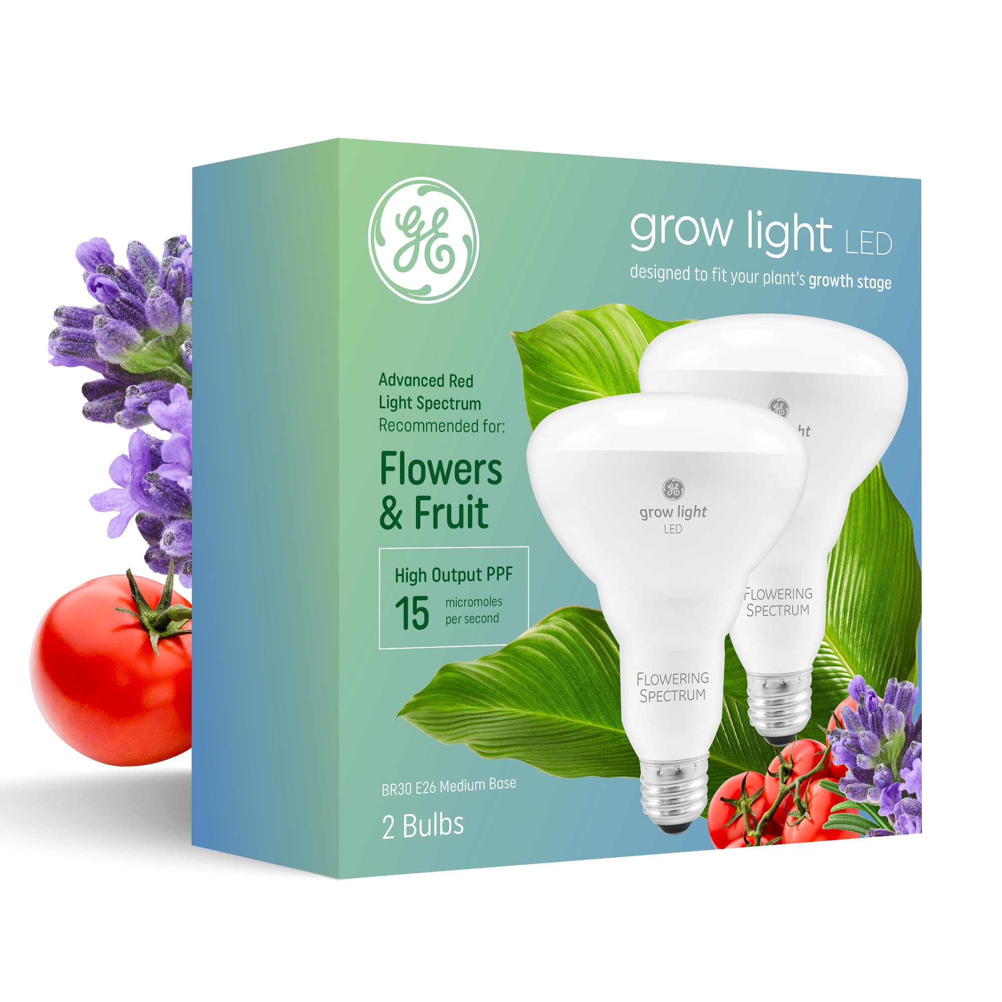 (2 bulbs) GE Grow Lights for Indoor Plants, BR30 Indoor Floodlight, LED Light Bulbs for Flowers and Fruit, Advanced Red Light Spectrum, 25,000 Hours Lifespan, 15 PPF, (Packaging May Vary)