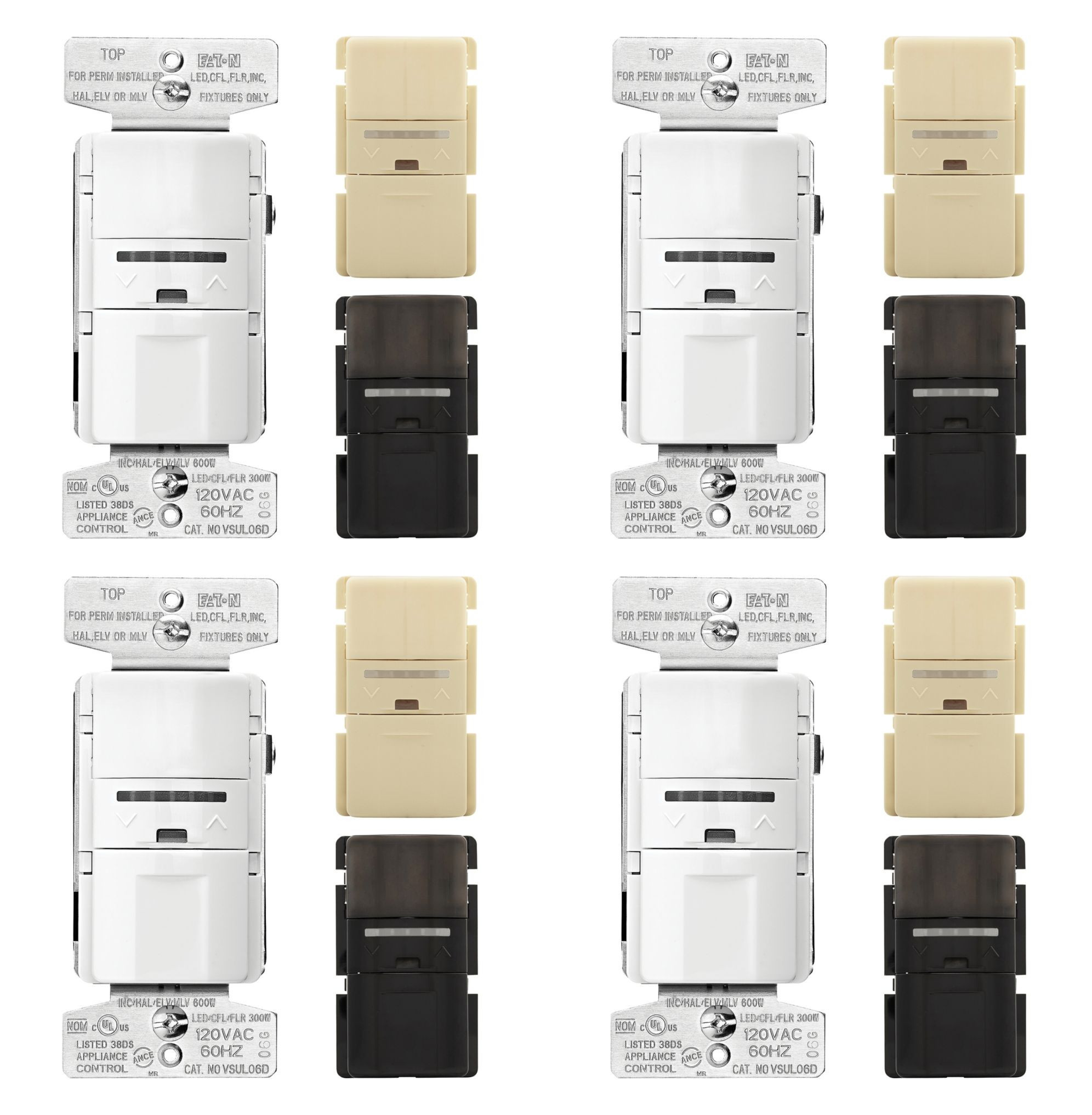 (case of 4) Eaton Occupancy Sensor and Dimmer, with Color Change Kit, VSUL06D-C4-K-L, white, ivory and black, Provides 180 degree field of view and 1000 sq. ft. of major motion coverage