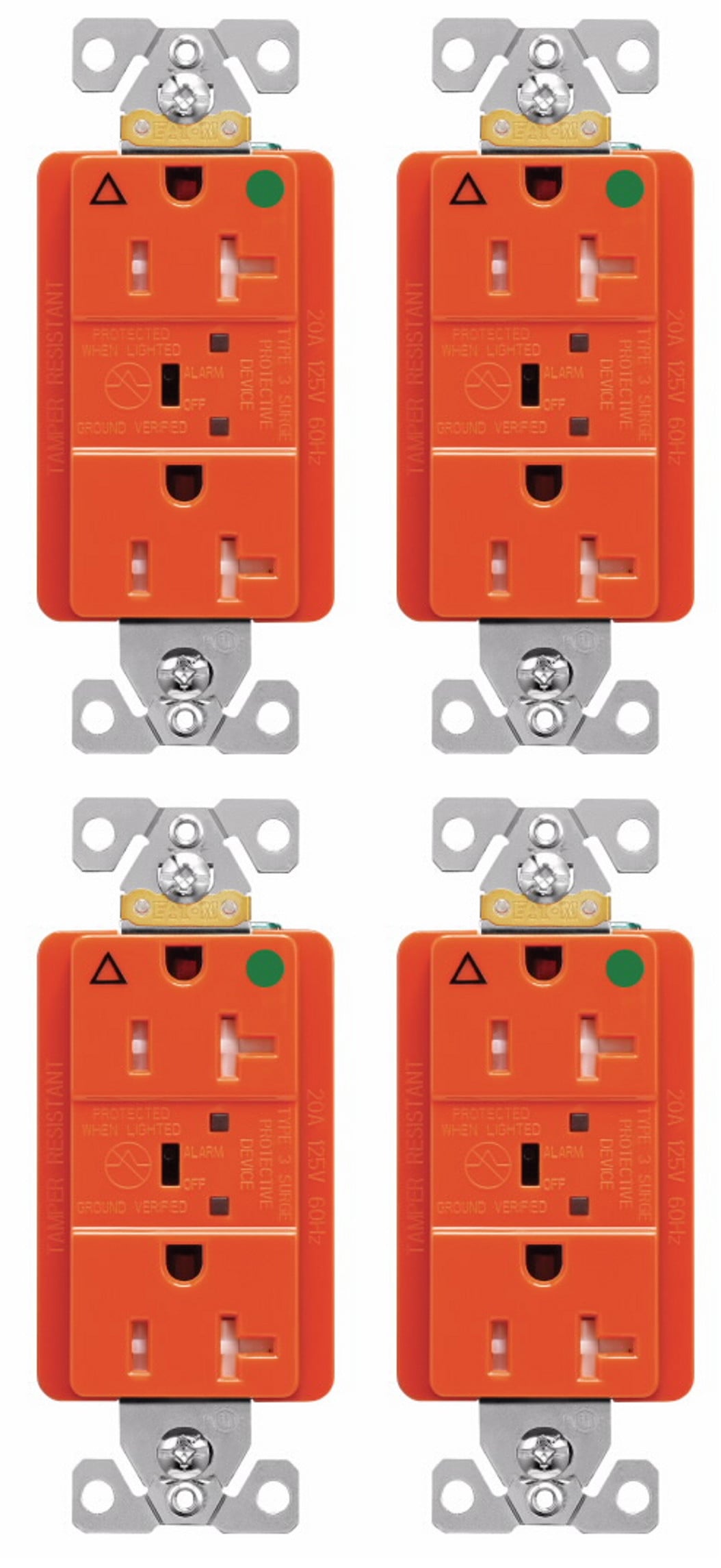 (case of 4) Eaton TRIG8362RNS 20 Amp TVSS Surge Protection Duplex Receptacle w/Alarm and LED Indicators, Hospital Grade, Tamper Resistant, Orange, LED verify surge protection & ground, 125V.