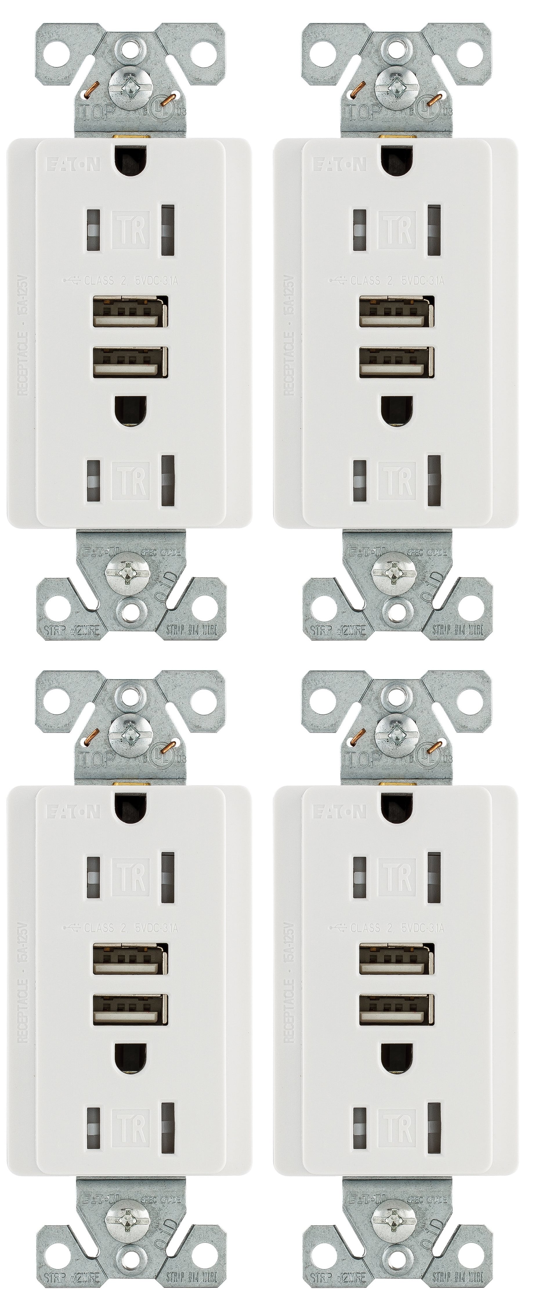 (case of 4) Eaton TR7755W 15 Amp 125V Combination USB 3.1A Charger with Duplex Receptacle, White