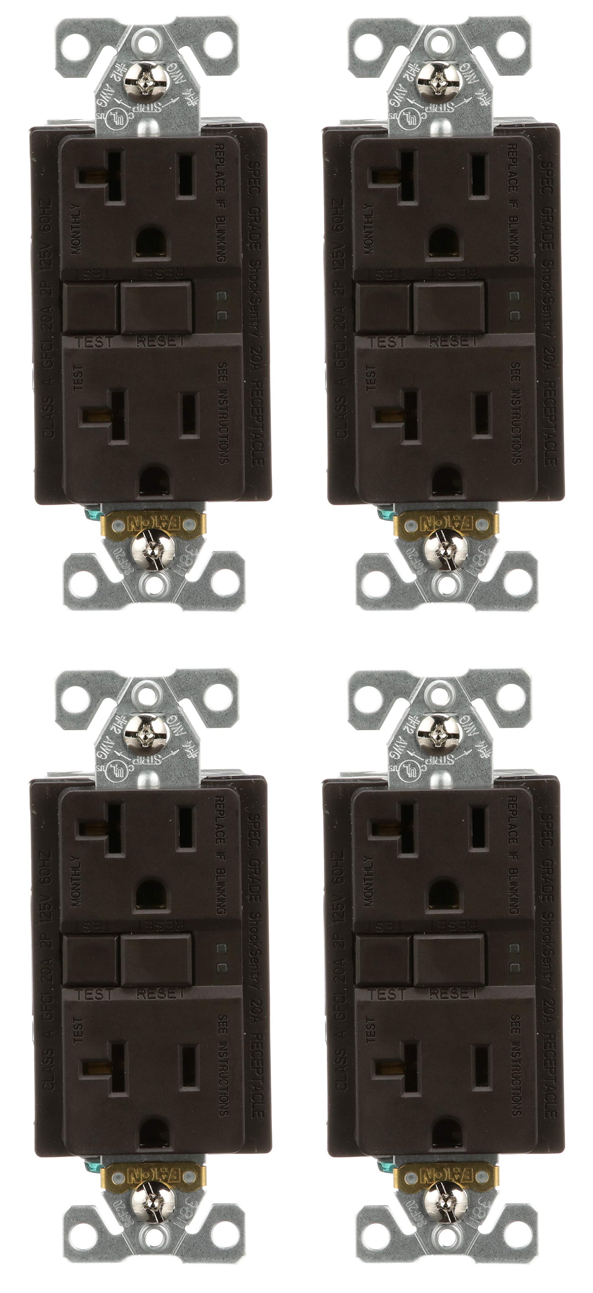 (case of 4) EATON SGF20B Arrow Hart Duplex Gfci Receptacle, 125 Vac, 20 A, 2 Pole, 3 Wire, Brown