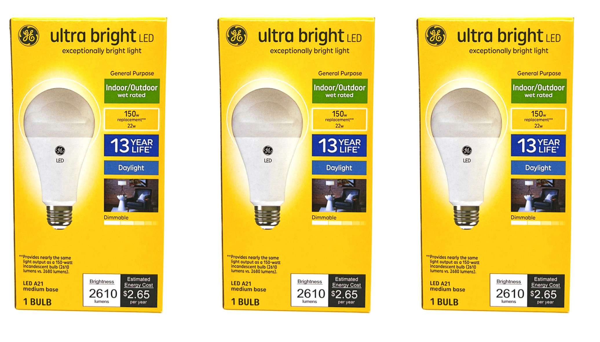 (quantity of 3) GE ultra bright LED A21 Light Bulb, 22 watts, 2610 lumens, Dimmable, Daylight 5000K, Indoor and Outdoor, medium base (150 watt equivalent) UltraBright LED Bulb