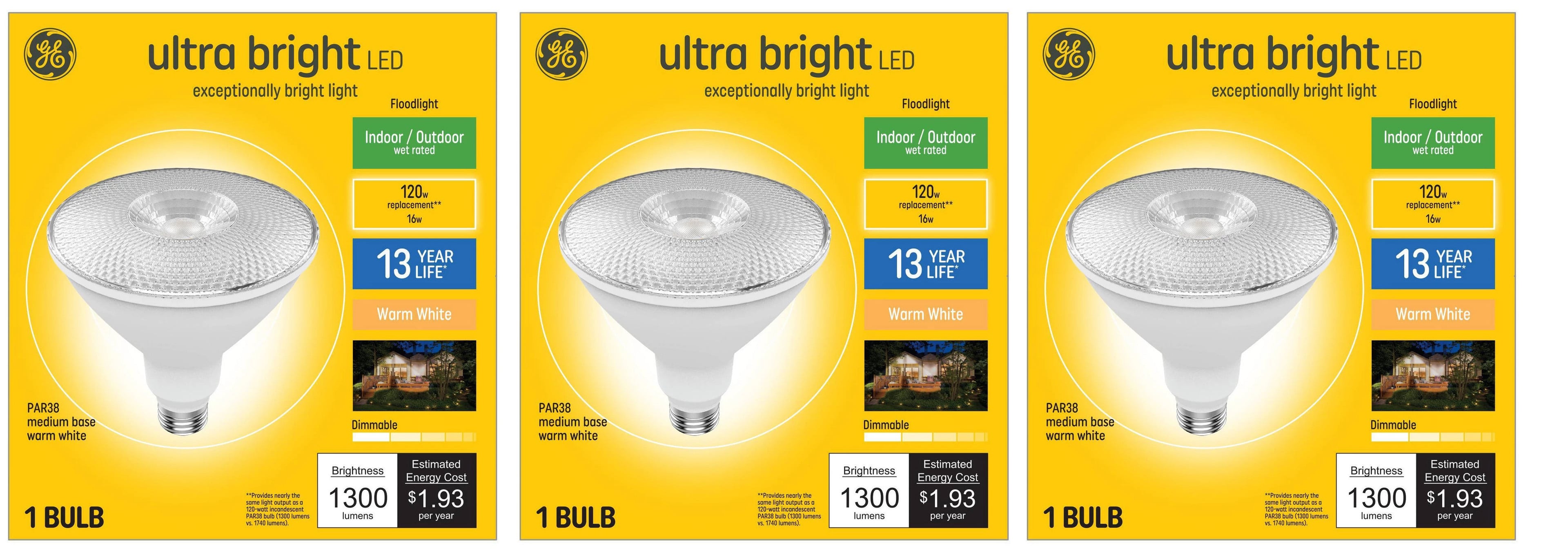(case of 3) GE ultra bright LED PAR38, 16 watts, 1300 lumens, Dimmable, Indoor and Outdoor rated, Warm White 3000K, Medium base, UltraBright LED Light Bulb