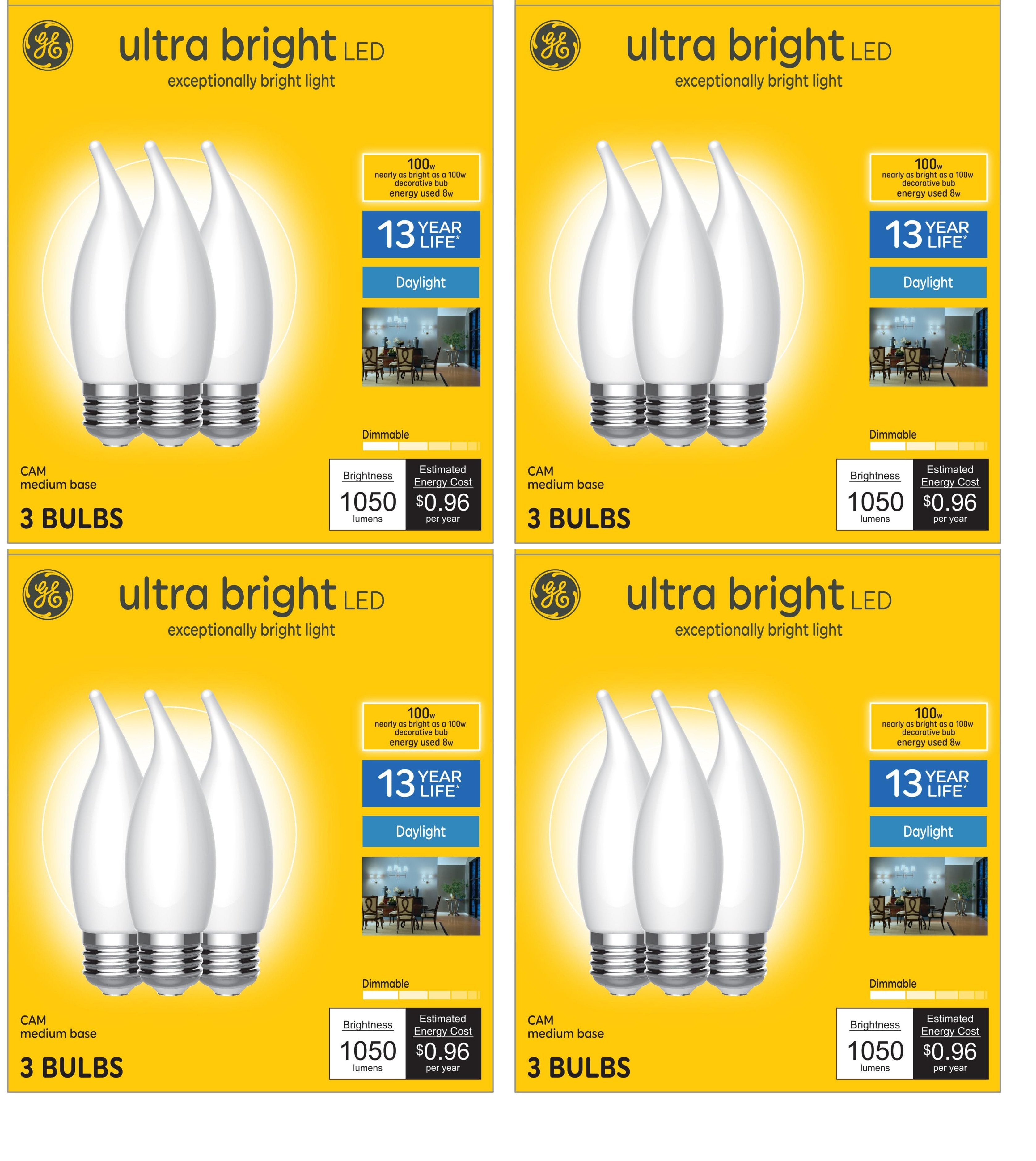 (12 Bulbs) GE Ultra Bright LED Light Bulbs, 100W, Daylight Candle Lights, Frosted Decorative CA12 Light Bulbs, Medium Base 