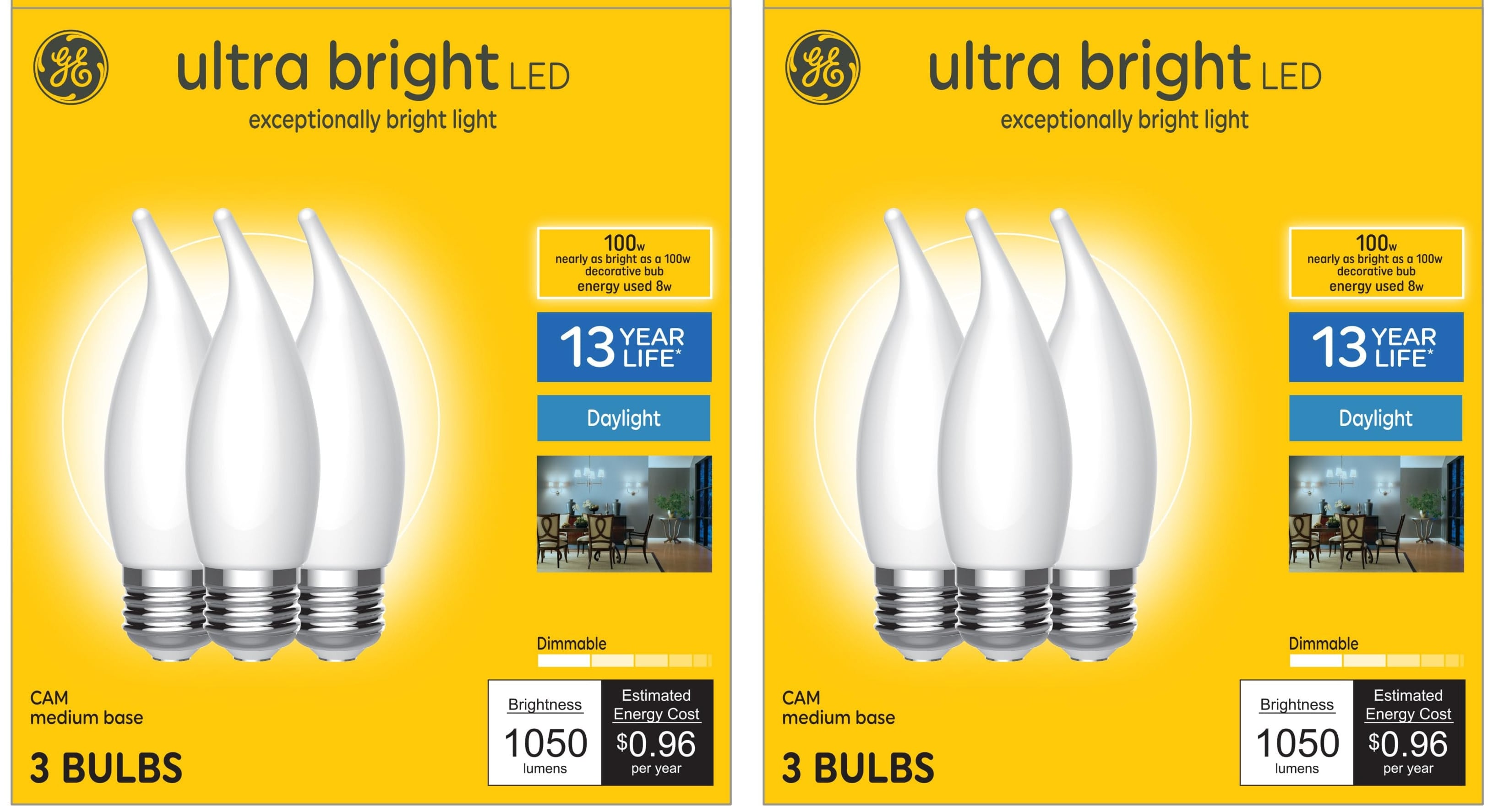(6 Bulbs) GE Ultra Bright LED Light Bulbs, 100W, Daylight Candle Lights, Frosted Decorative CA12 Light Bulbs, Medium Base 