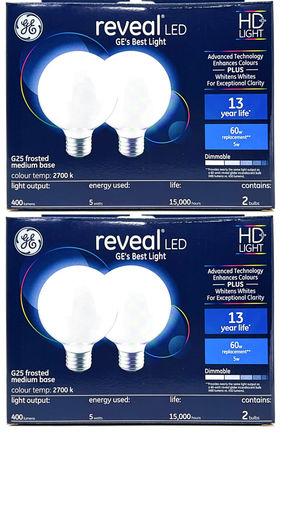 (case of 4 bulbs) GE reveal LED HD+ Color-Enhancing G25 Globe, 5 watt, 400 lumen, Dimmable LED Decorative Globe Medium Base Frosted  G25 Bulb (2-Pack)