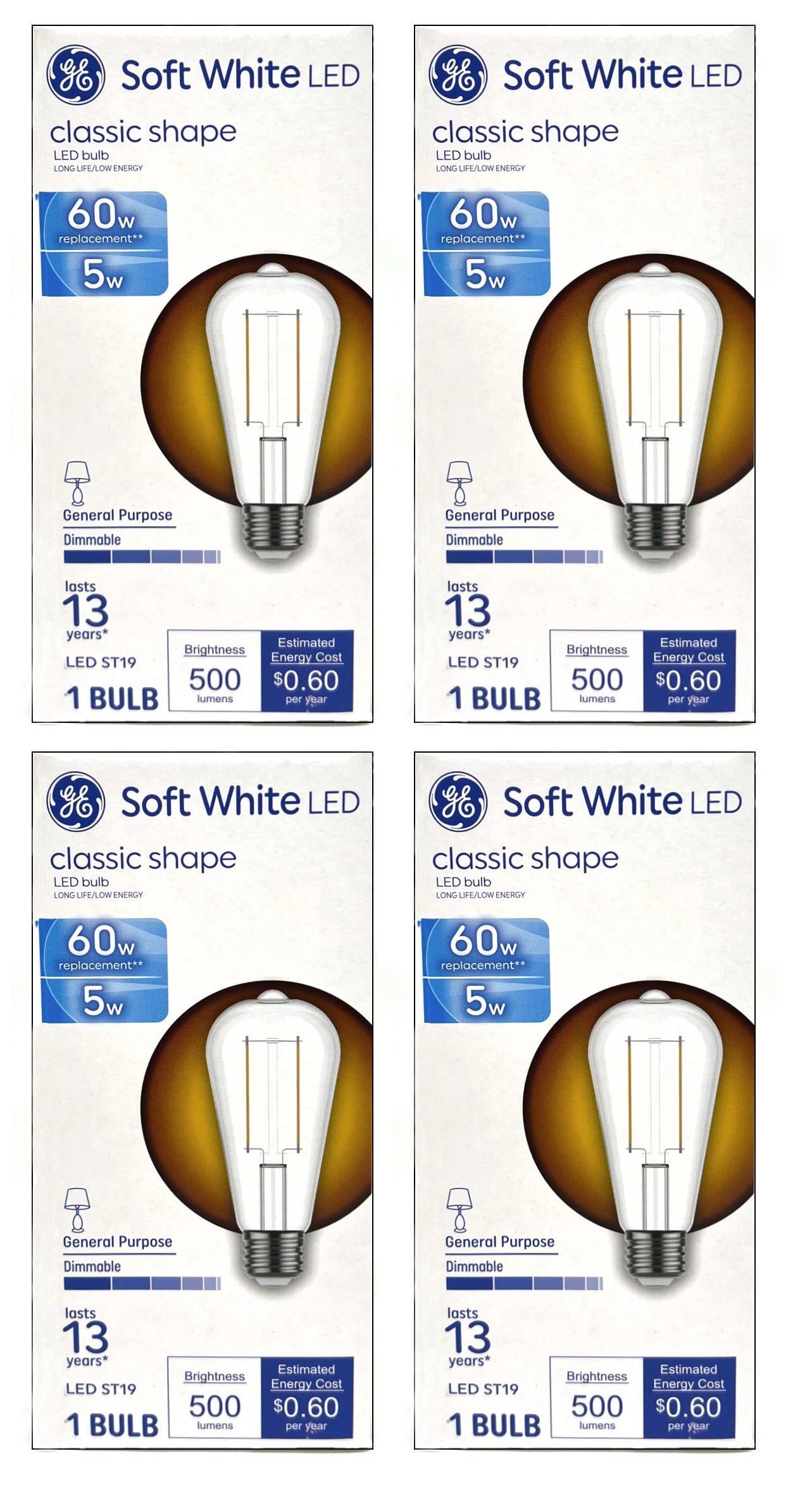 (4 bulbs) GE LED ST19 Soft White, 5 watt, 500 lumens, Dimmable, 60 watt equivalent, LED Light Bulb, medium base, 
