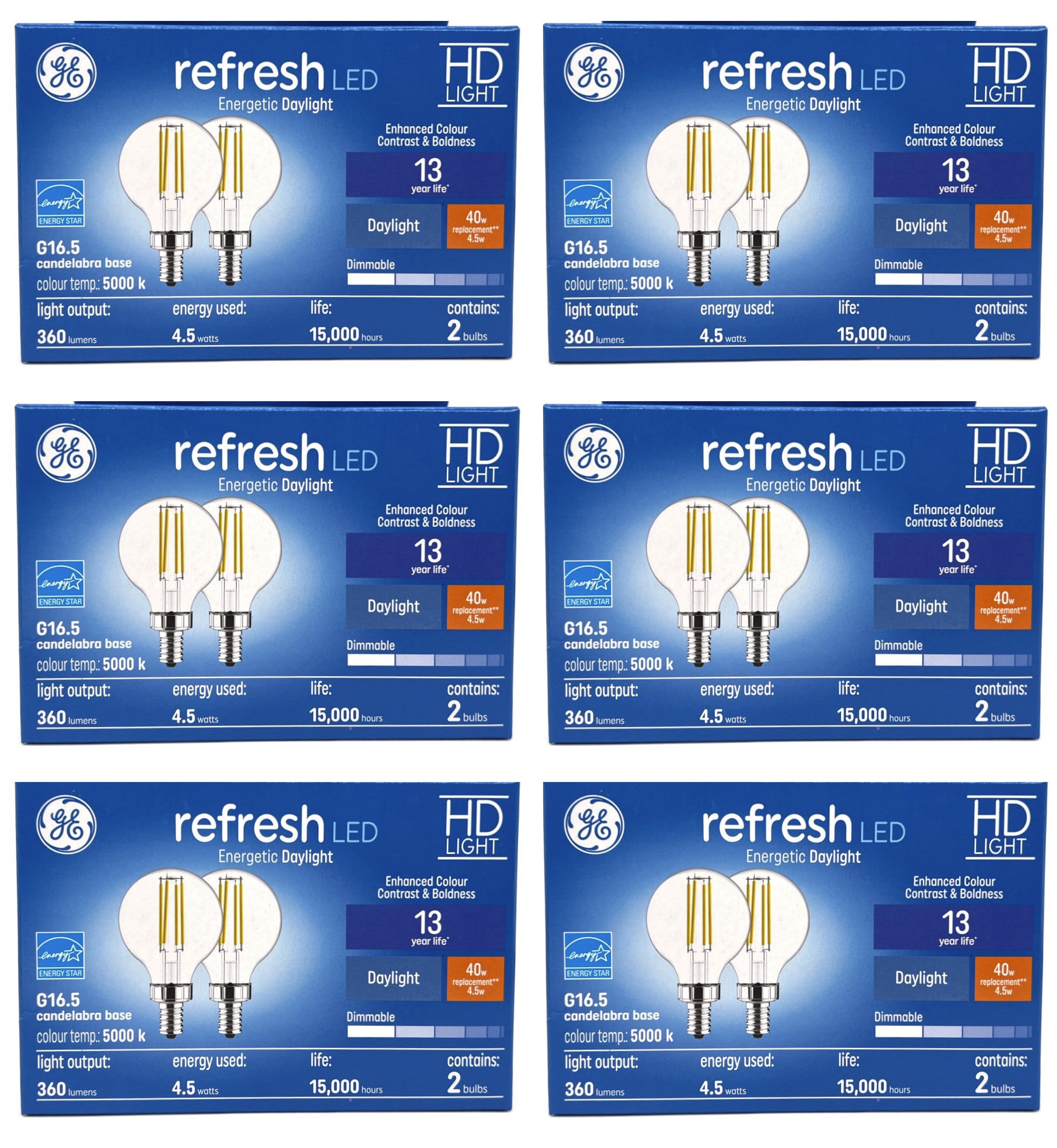 (12 bulbs) GE refresh LED G16.5, Candelabra Base, 4.5 watt, 360 lumen, Dimmable, Daylight, Clear, HD Light Enhanced Color, LED Light Bulb