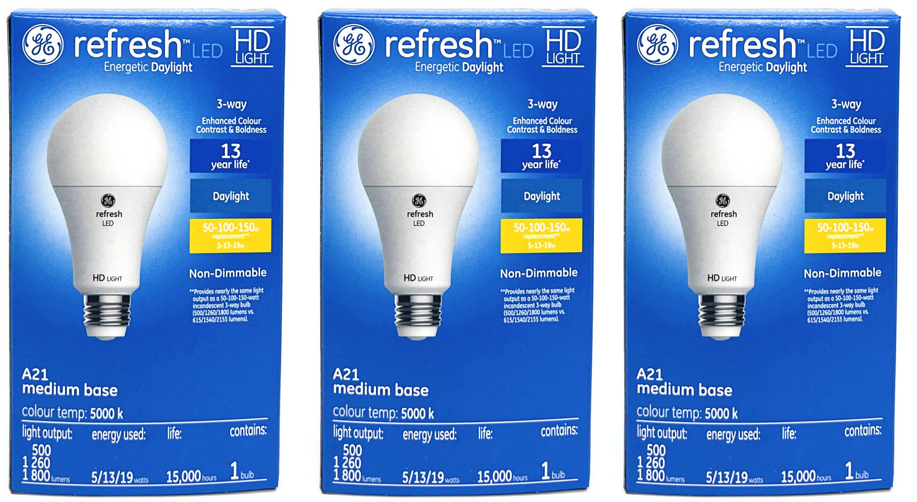 (case of 3) GE refresh LED 3-way A21, Energetic Daylight, 5,13,19 watt, 500,1260,1800 lumens, 3-way LED Light Bulb, Medium base, HD Light