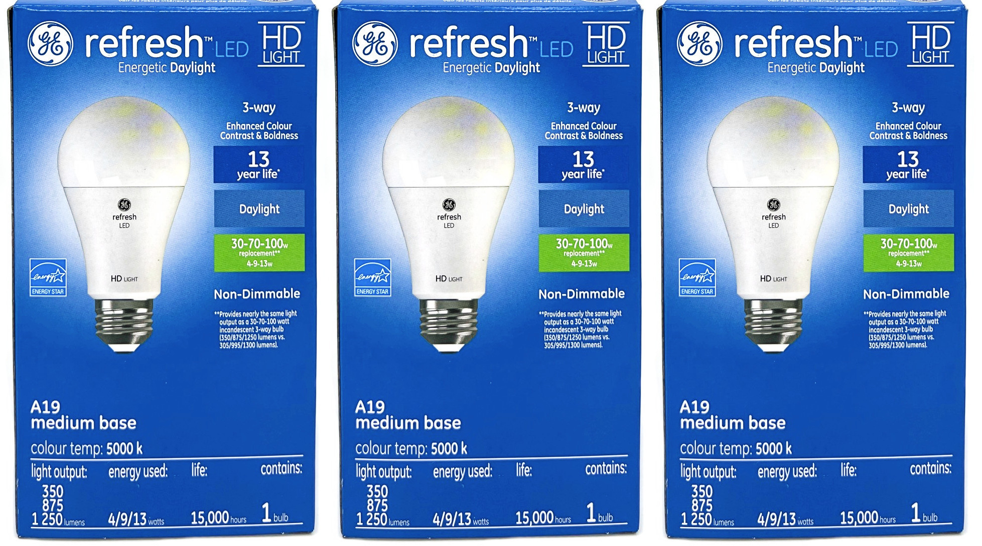 (case of 3) GE refresh LED 3-way Light Bulb, A19 shape, 4, 9, 13 watt emitting 350, 875 and 1250 lumens, Energetic Daylight 5000K, HD Light-- enhanced color contrast & boldness, 3 way LED Light Bulb