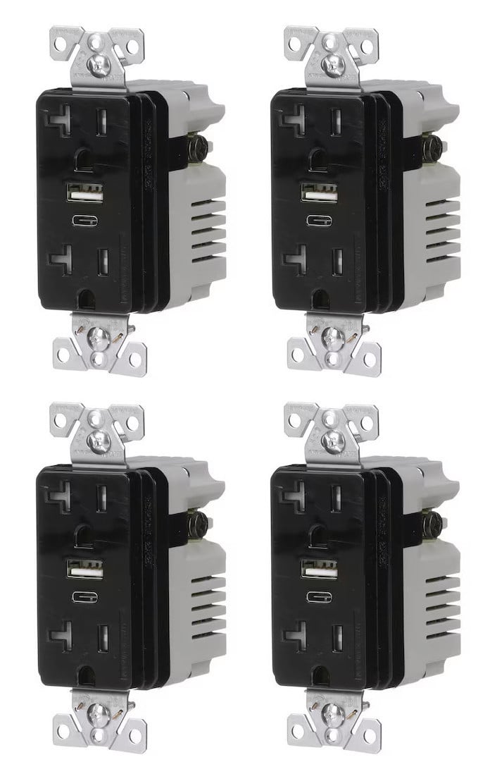 (case of 4) Eaton TRUSBAC20BK  USB A&C duplex 20 Amp receptacle, charges USB type A and/or Type C wihtout adapters, 5 Amp charging, 20A receptacle, Tamper Resistant, Black