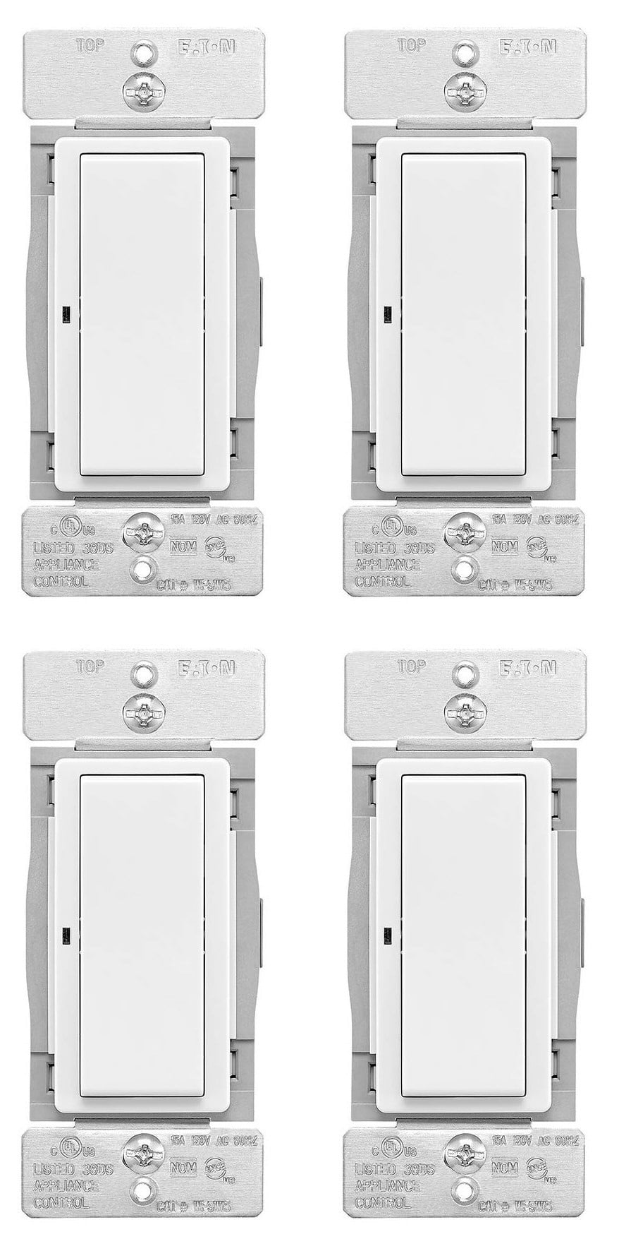 (case of 4) Eaton WFSW15-W Wi-Fi Smart Switch, White, Three-way, 15 amp, 120V, Single pole, back and side wire, Works with Alexa