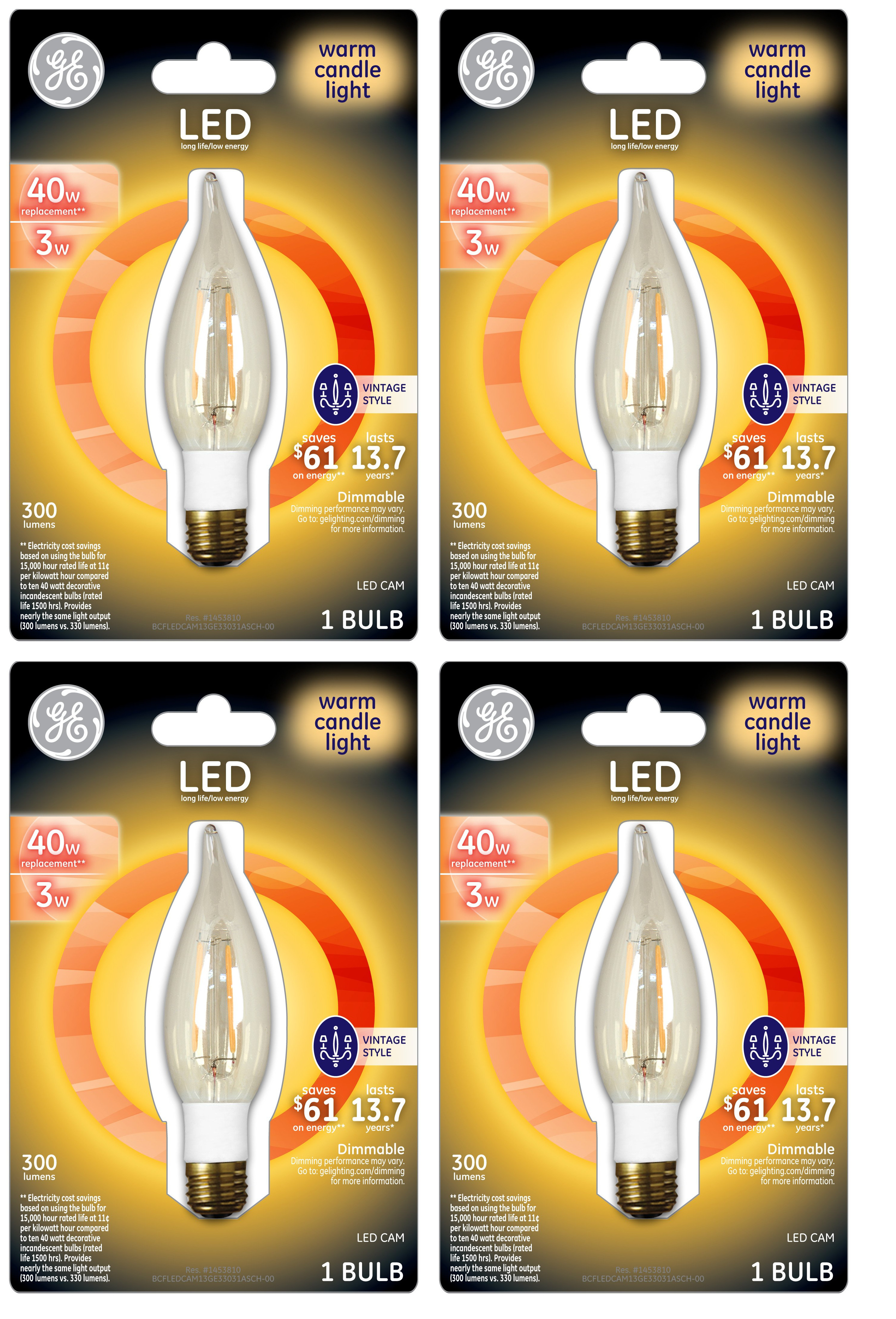 (4 bulbs) GE LED Vintage Style Chandelier Light Bulb with Medium Base, 3-Watt, 300 lumens, 2500K warm white Dimmable, Bent-tip