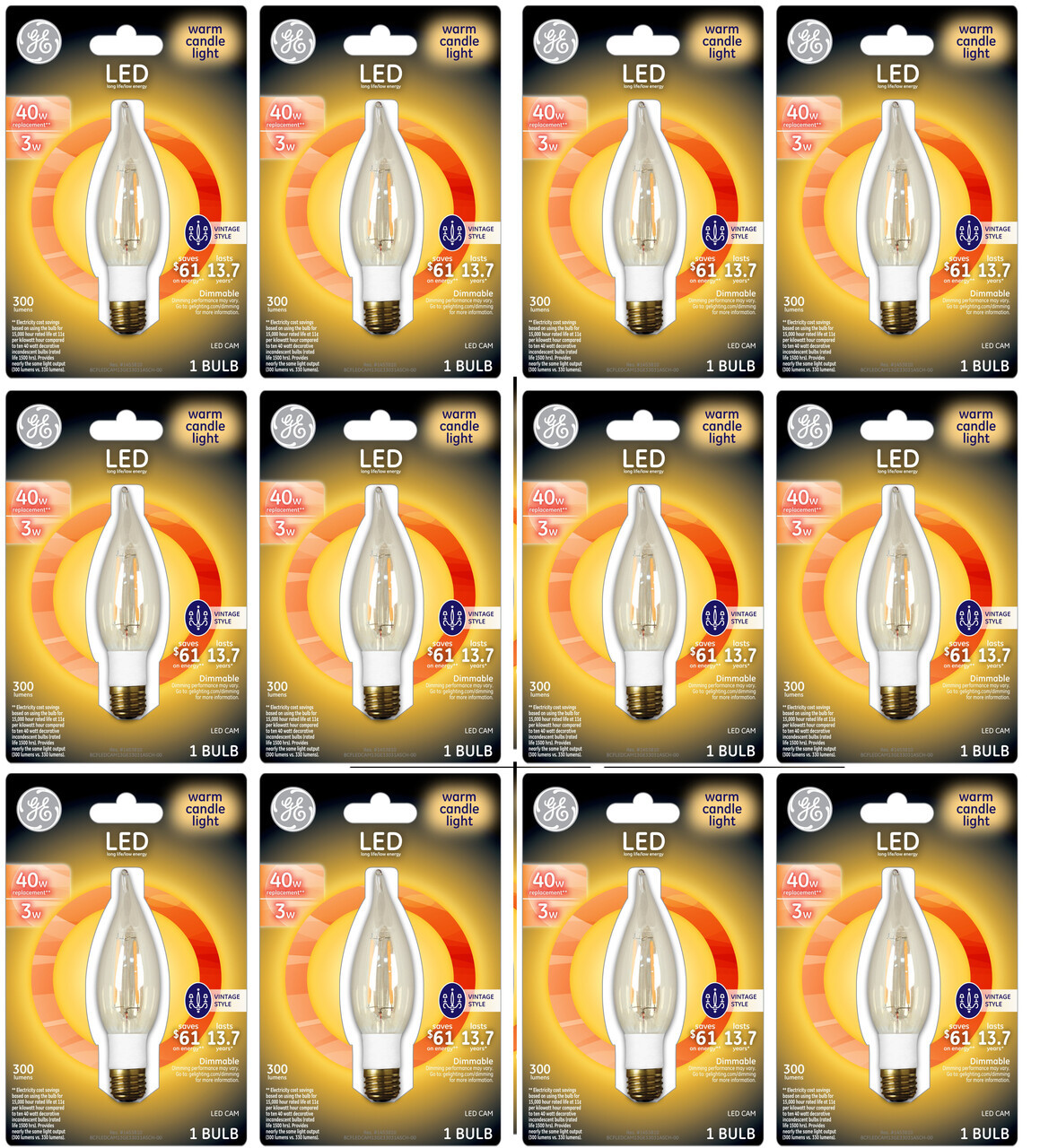 (case of 12 bulbs) GE LED Vintage Style Chandelier Light Bulb with Medium Base, 3-Watt, 300 lumens, 2500K warm white Dimmable, Bent-tip