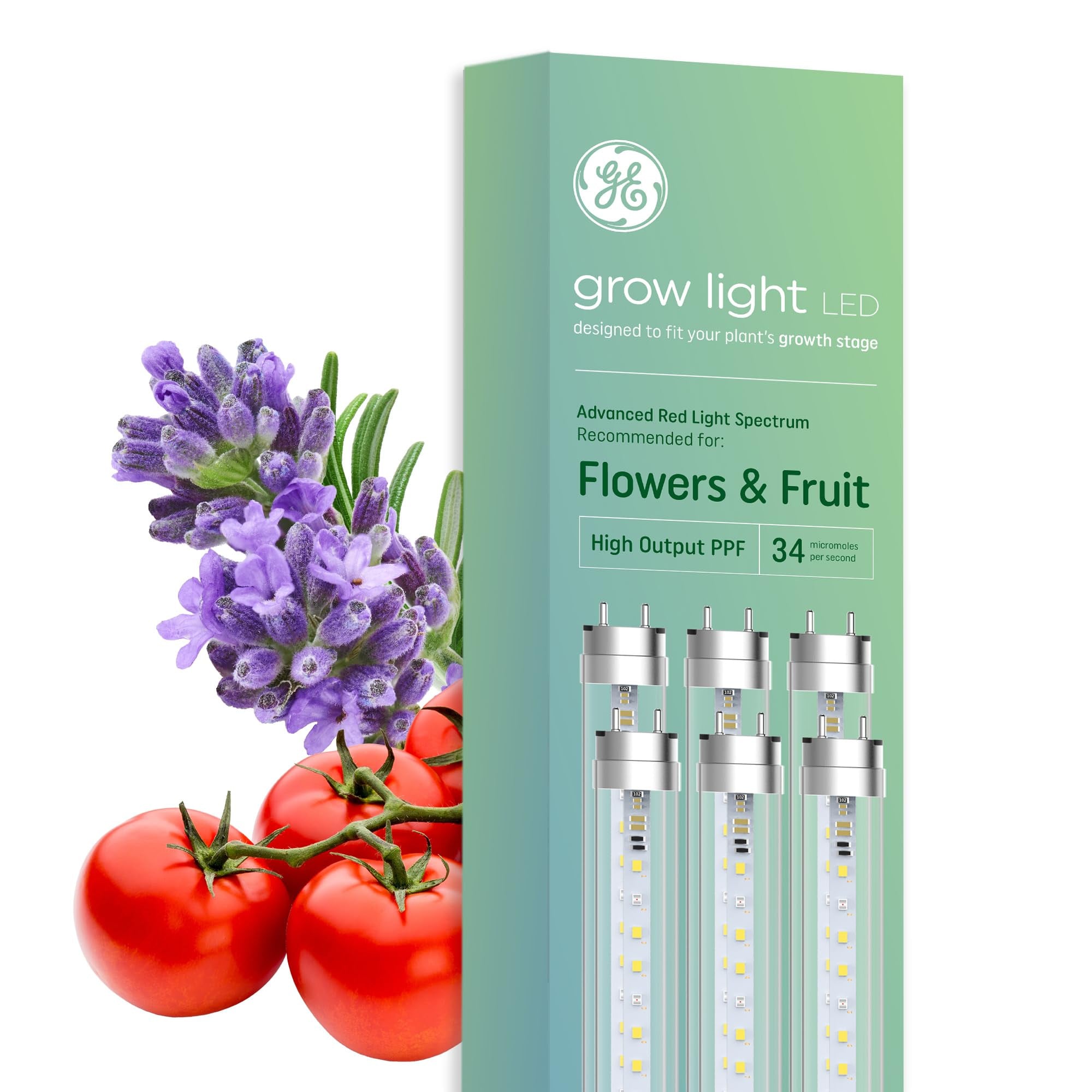 GE Grow Lights for Indoor Plants, T8 LED Light Bulbs for Flowers and Fruit with Advanced Red Light Spectrum, 25,000 Hours Lifespan, 34 PPF, 48 Inch, 6 Pack (Packaging May Vary)