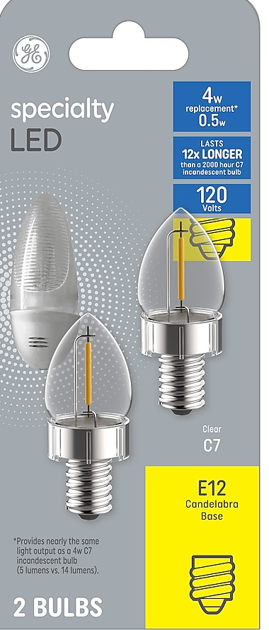 (2 bulbs) GE 4 watt EQ C7 soft white Candelabra base (E12), Specialty Light Bulb
