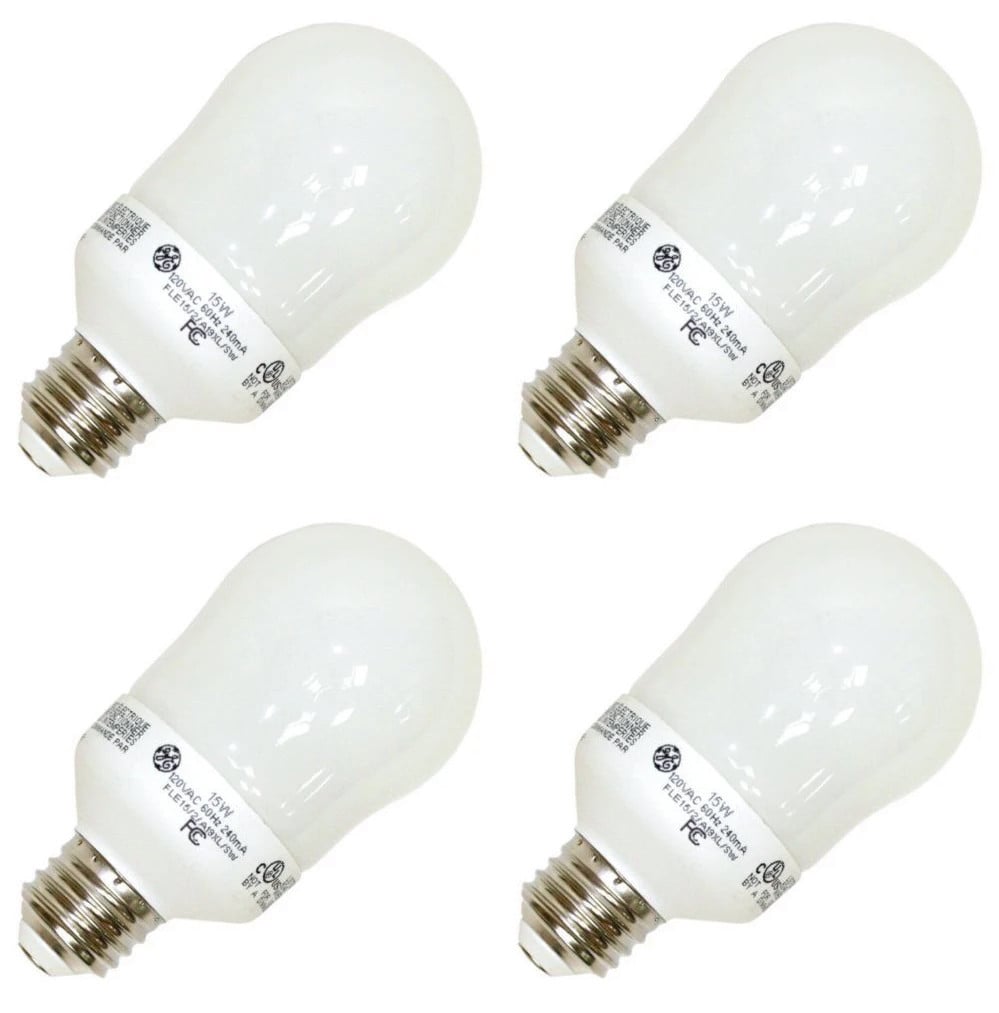 (quantity of 4) GE Compact Fluorescent- FLE15/2/A19XL Pear A Line Screw Base Compact Fluorescent Light Bulb