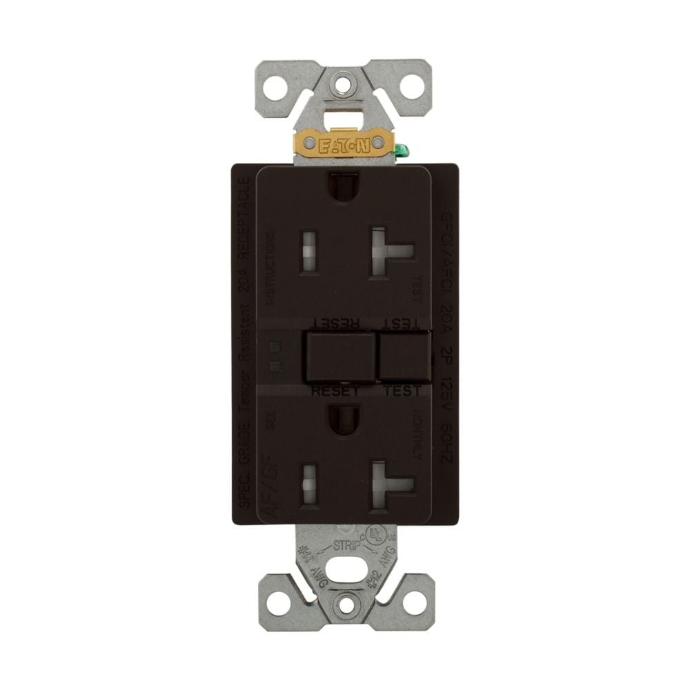 Eaton TRAFGF20B AF, Arc Fault/GF, Ground Fault Dual -Purpose, Duplex Receptacle with wallplate 20A 125V , Brown, two pole, three wire, grounding