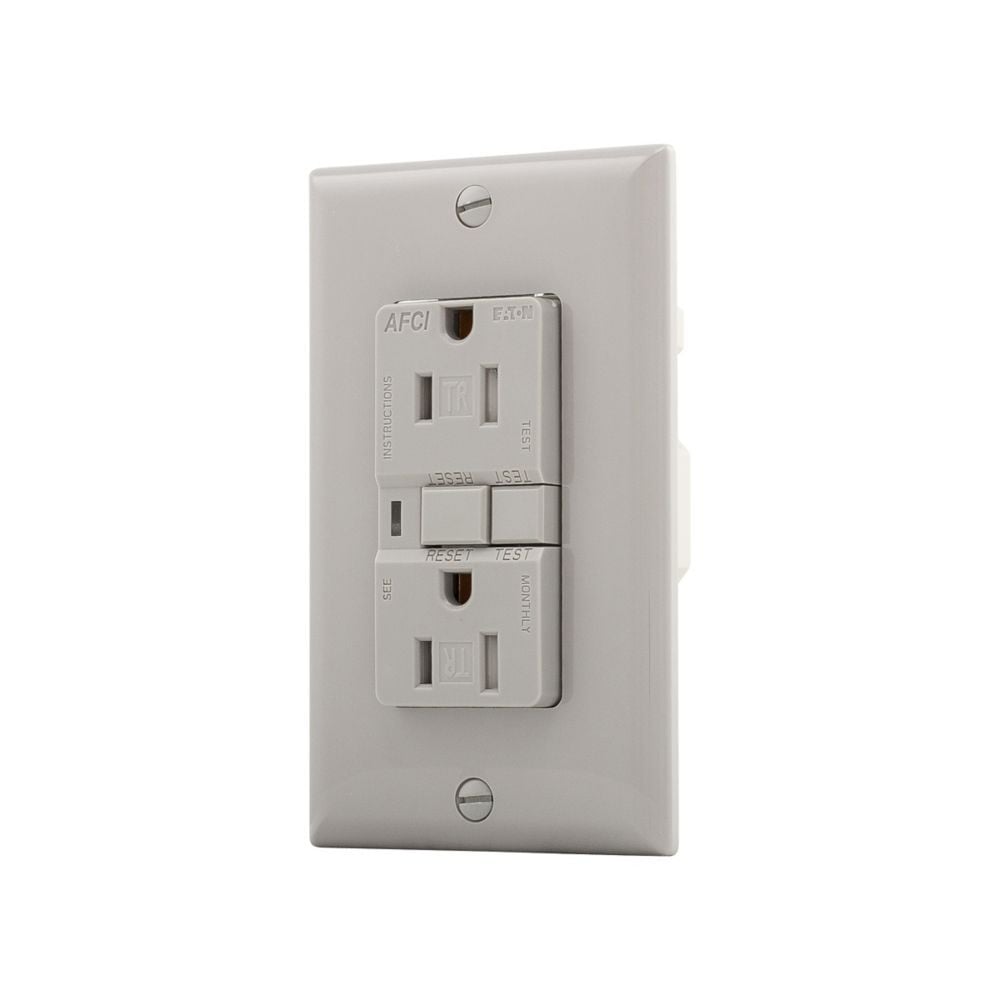 Eaton AFCI receptacle, TRAFCI15GY, Grey finish, Visual Trip Indicator Light, Arc Fault Circuit Interrupter duplex receptacle, 15A, 125V, two pole, three wire, grounding