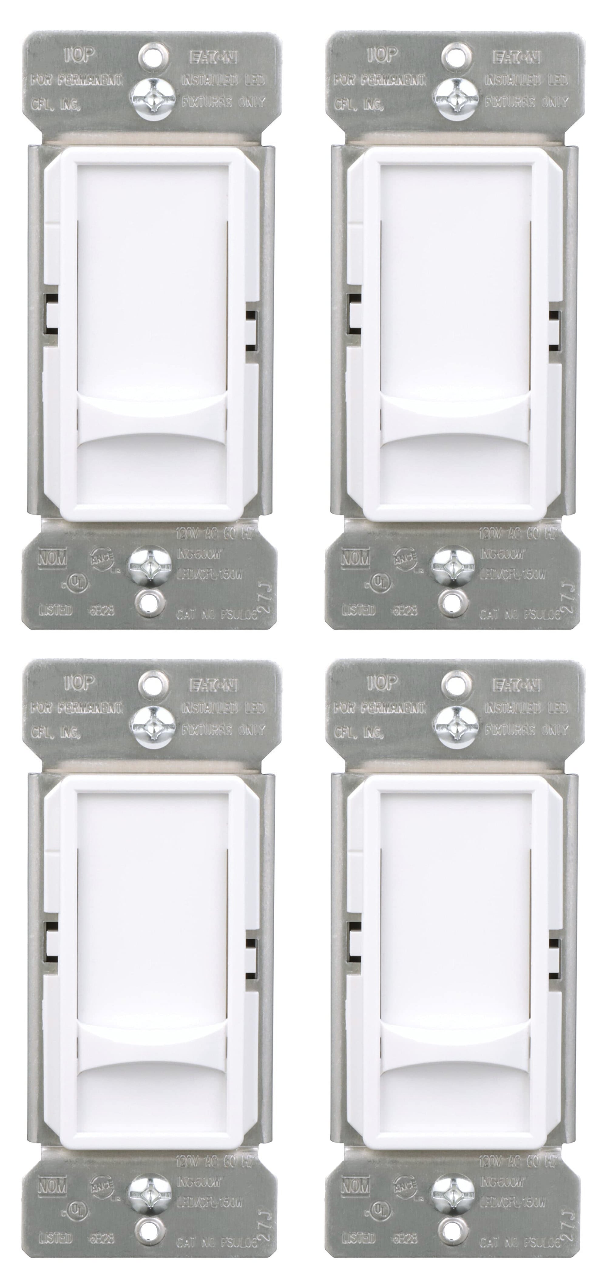 (quantity of 4) Eaton Universal Full Slide Dimmer 120V, White