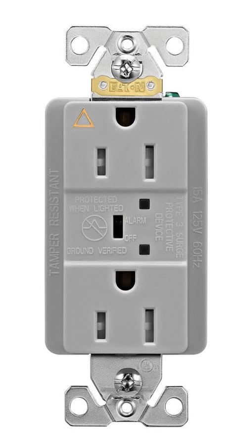 Eaton TRIG5262GYS  Surge Protection Duplex Receptacle, TVSS, 15 Amp, LED indicator and audible alarm, GRAY, 2 pole, 3-wire, grounding, TVSS Transient Voltage Surge Suppressor