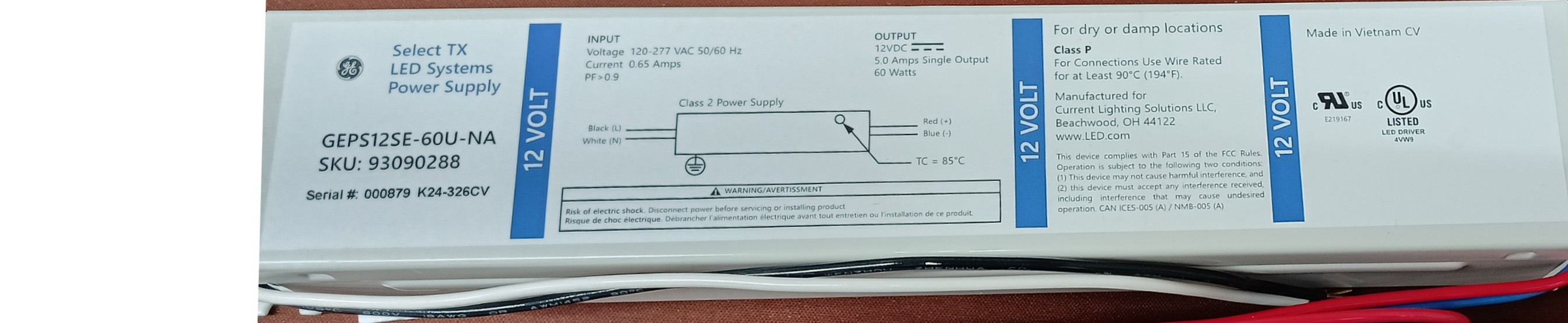 GE Select TX LED Systems Power Supply, GEPS12SE-60U-NA, 60 watt, 12V DC