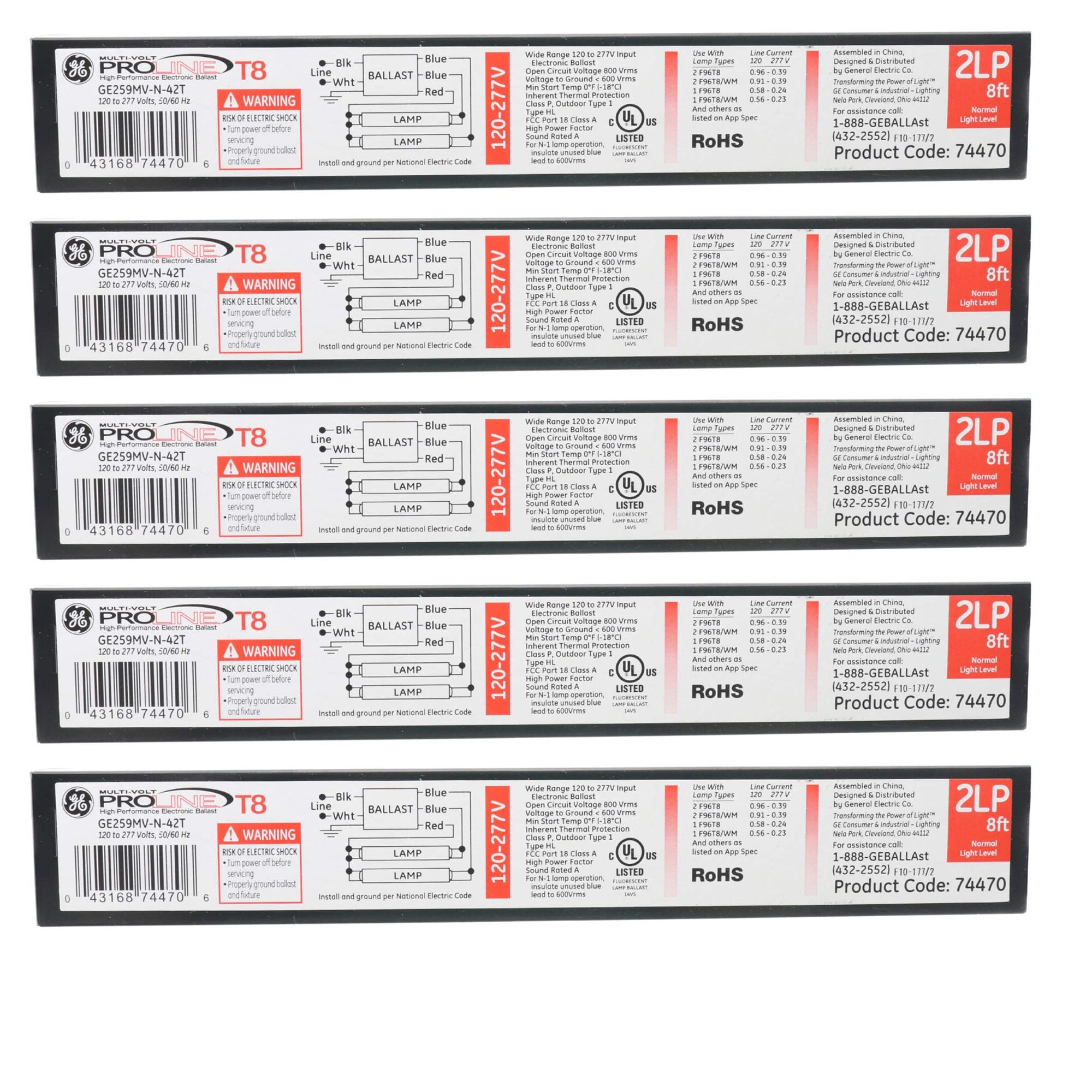 Qty of 5 ballast - GE 74470 - GE259MV-N-42T Electronic Multivolt Instant Start Ballast
