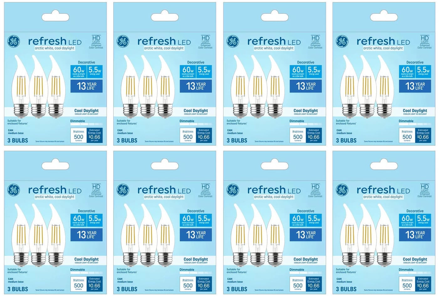(24 bulbs) GE refresh LED cool white chandelier bulbs, 60 watt equivalent, 5.5 watt, 500 lumens, Dimmable, medium base (CAM) LED 6500K arctic white decorative bulb