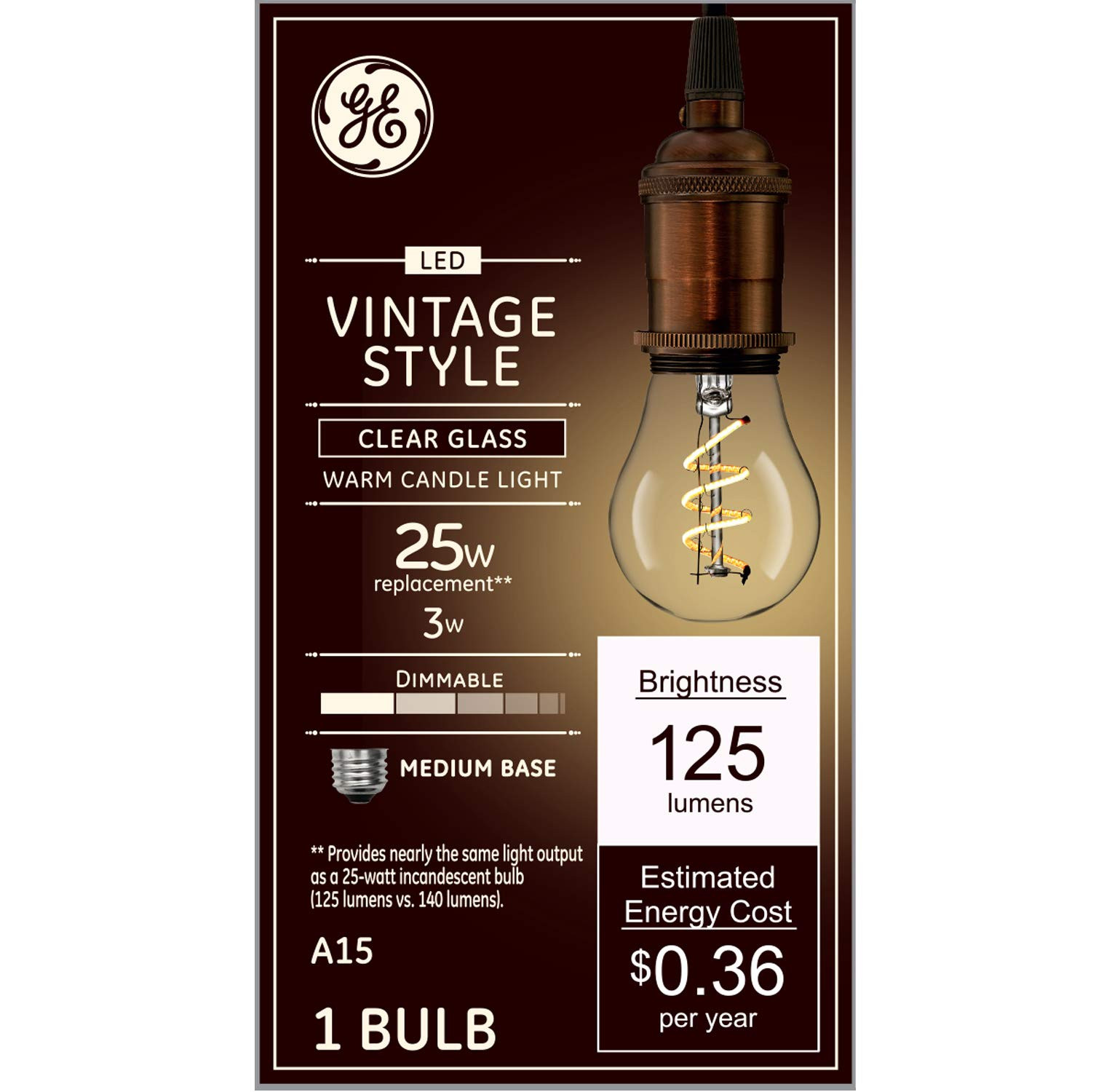 GE Lighting 36497 Dimmable LED Vintage Style 3 (25-Watt Replacement), 125-Lumen Light Bulb with Clear Glass A15, 1-Pack, Soft White