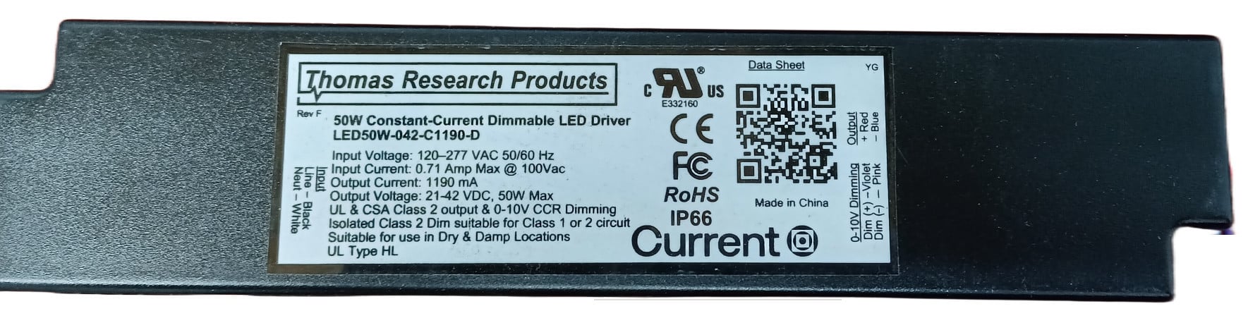 Hubbell Thomas Research Products LED50W-042-C1190-D  Constant Current LED Driver, 1.19A 14~42V, AC DC Converter, Topology 1 Output