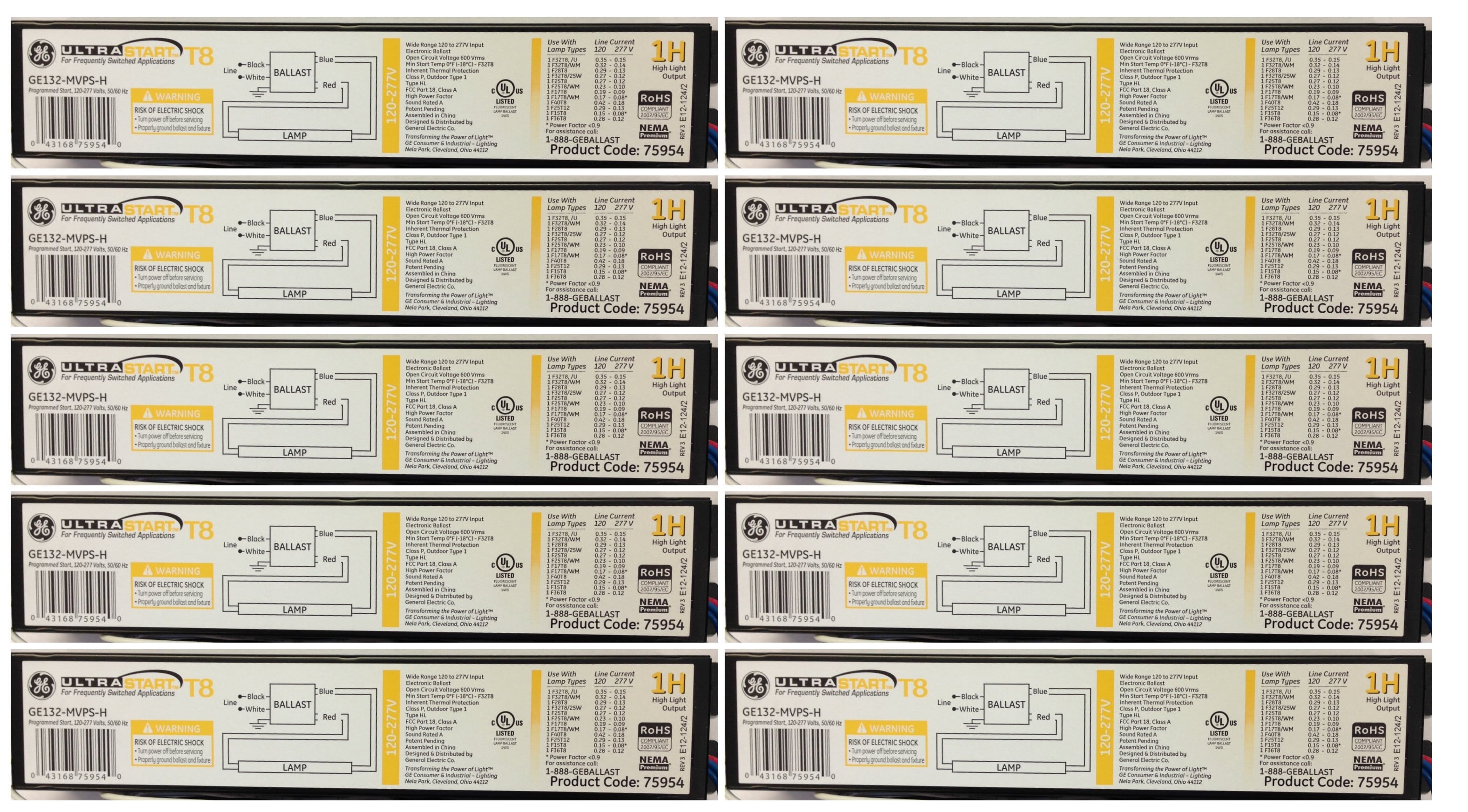 (case of 10) GE 75954 Ge132-Mvps-H 120-277V Electronic One LAMPT8 Programmed Start Ballast