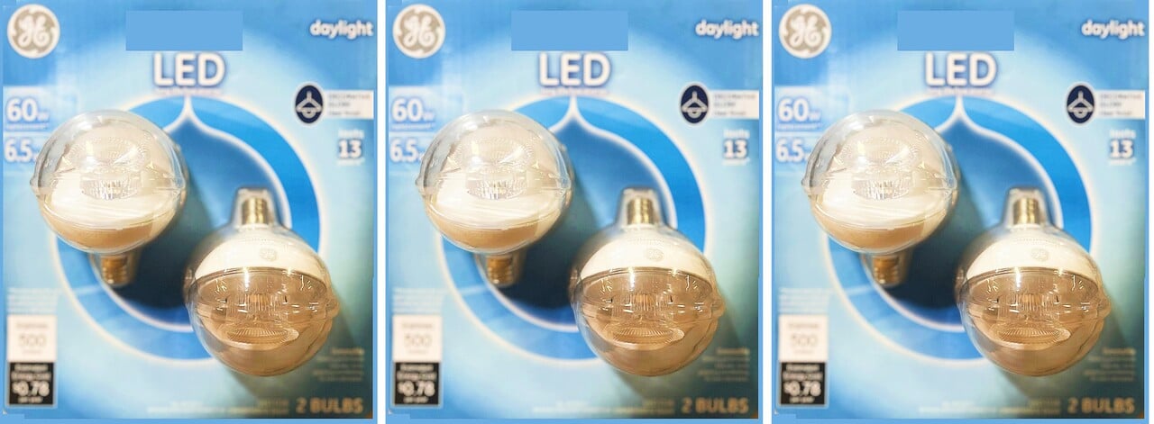 (6 bulbs) GE LED G16.5 Globe Light Bulb, Candelabra base, 6.5 watts, 500 lumens, 5000K Cool White