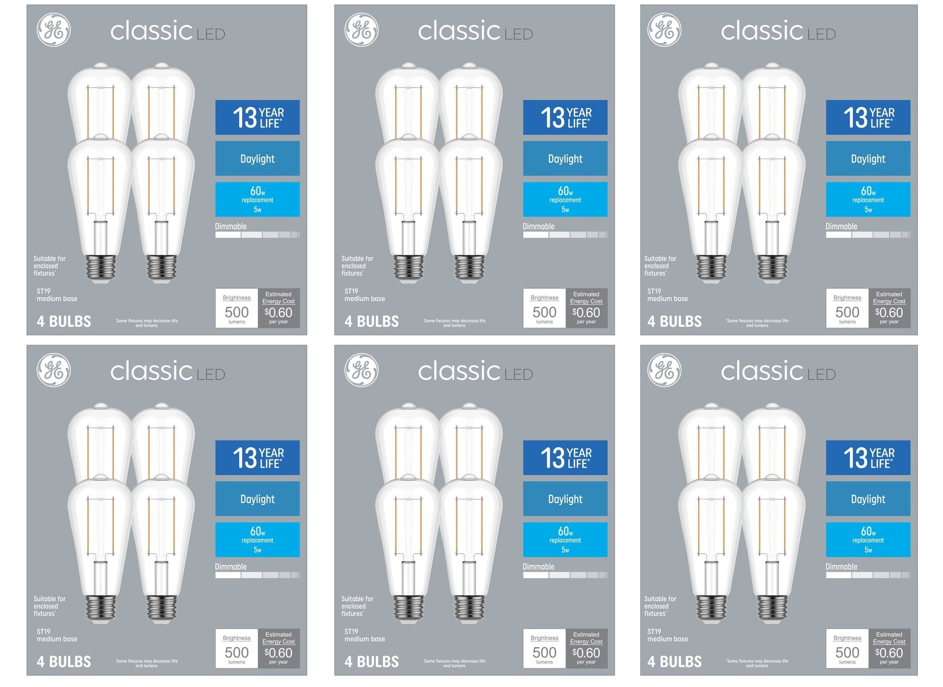 GE classic LED ST19 LED Light Bulbs, 5 watt, 500 lumen, Dimmable, Daylight 5000K, medium base, beautiful ST19 Edison style shape and size (case of 24 bulbs)