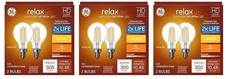 (6 bulbs) GE Relax  40 W Equivalent Dimmable Warm White A15 LED Light Fixture Light Bulbs Candelabra base, 4 watts, 300 lumens, warm relaxing light