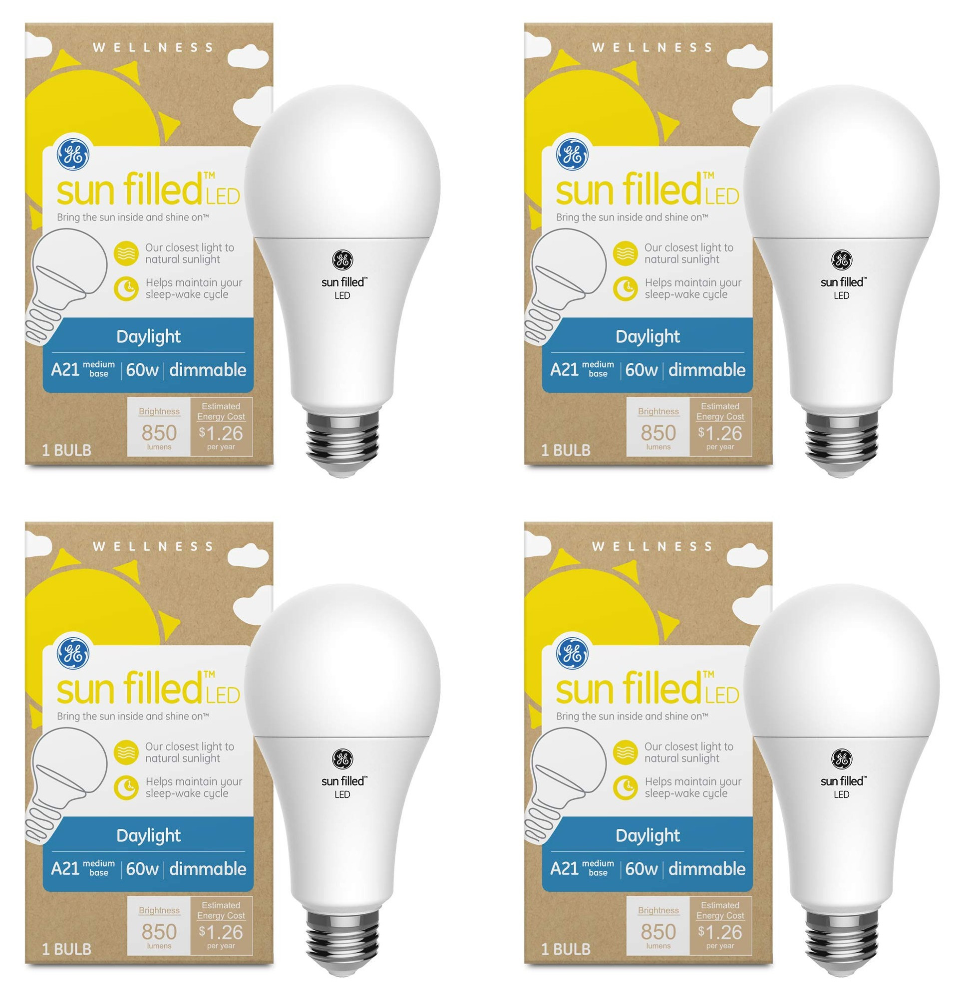 GE Lighting Sun Filled LED Light Bulb, 60 Watt Replacement, Daylight, Medium Base, Dimmable (case of 4)