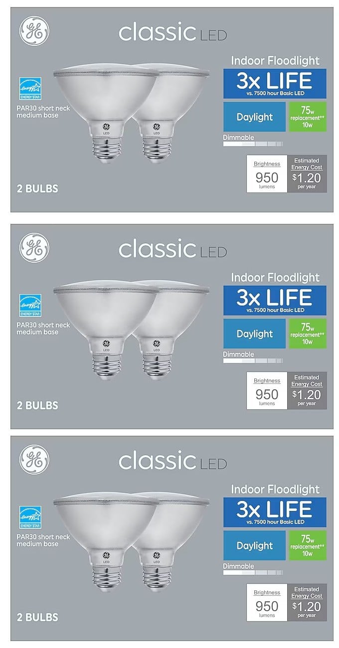 GE classic LED PAR30 Short Neck Indoor Floodlight, 10 watt, 950 lumen, Daylight, Dimmable, 75000 hour life, LED Light Bulb, medium base (6 bulbs)