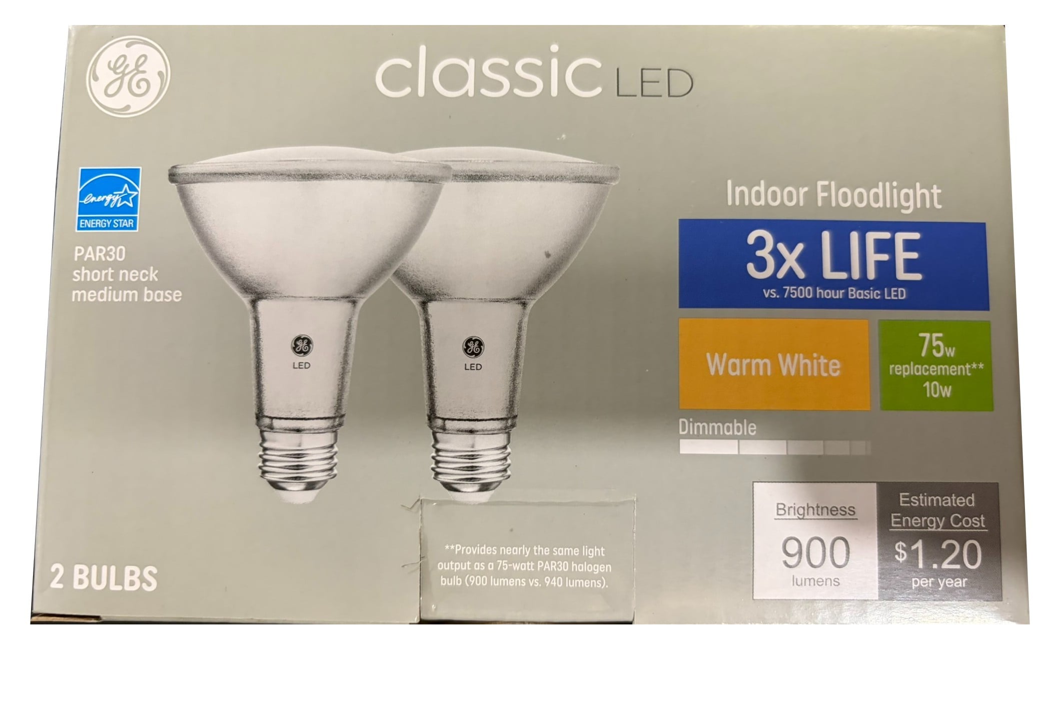 GE classic LED PAR30 short neck Indoor Floodlight, Warm White 2700K, 10 watt, 900 lumens, 75000 hour life, Dimmable, beautiful Silver LED bulbs (2 LED bulbs)