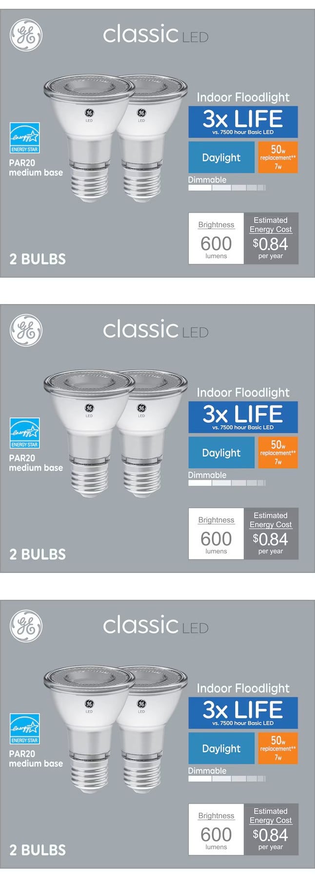 GE classic LED PAR20 Indoor Floodlight, 7 watts, 600 lumens,  Daylight, Dimmable, Medium base, 50 watt equivalent, (case of 6 bulbs)