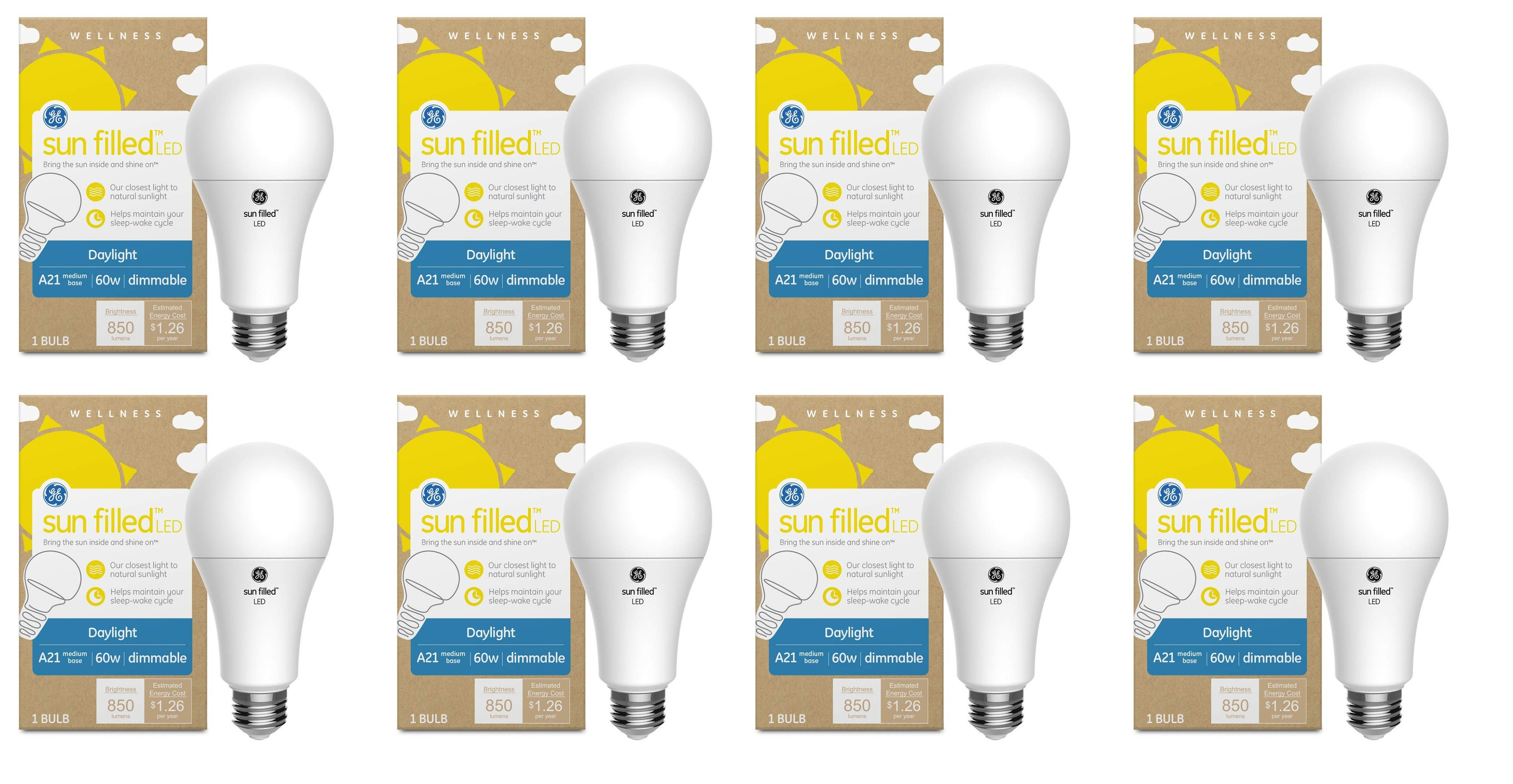 GE Lighting Sun Filled LED Light Bulb, 60 Watt Replacement, Daylight,  97 CRI, Medium Base, Dimmable (case of 8)