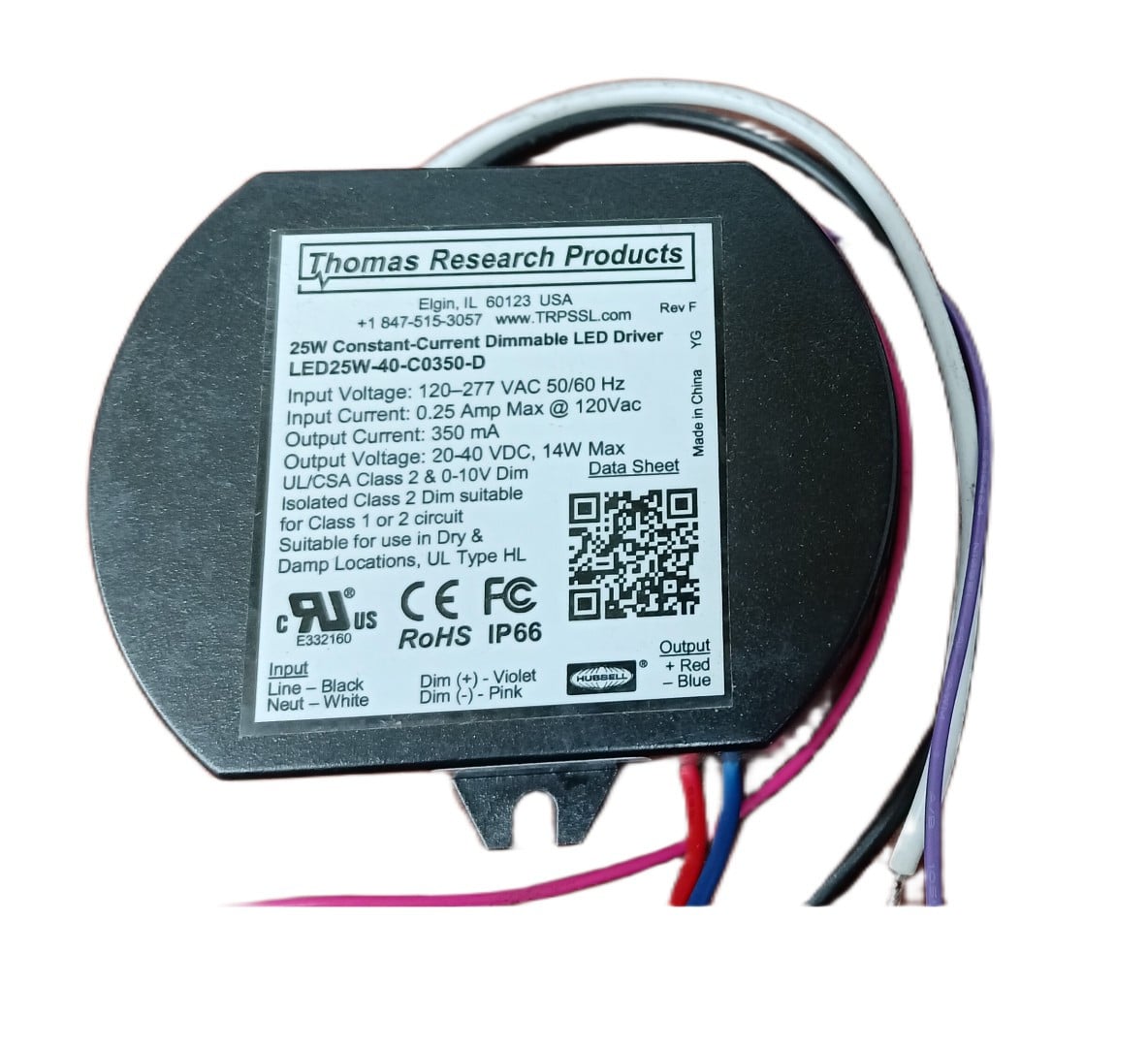 Thomas Research Products LED-25W-40-C0350-D Fixed Output and Dimmable Switch Mode LED Driver, Constant Current, 25 watts, 100-277 Vac Input Voltage, High Power Factor